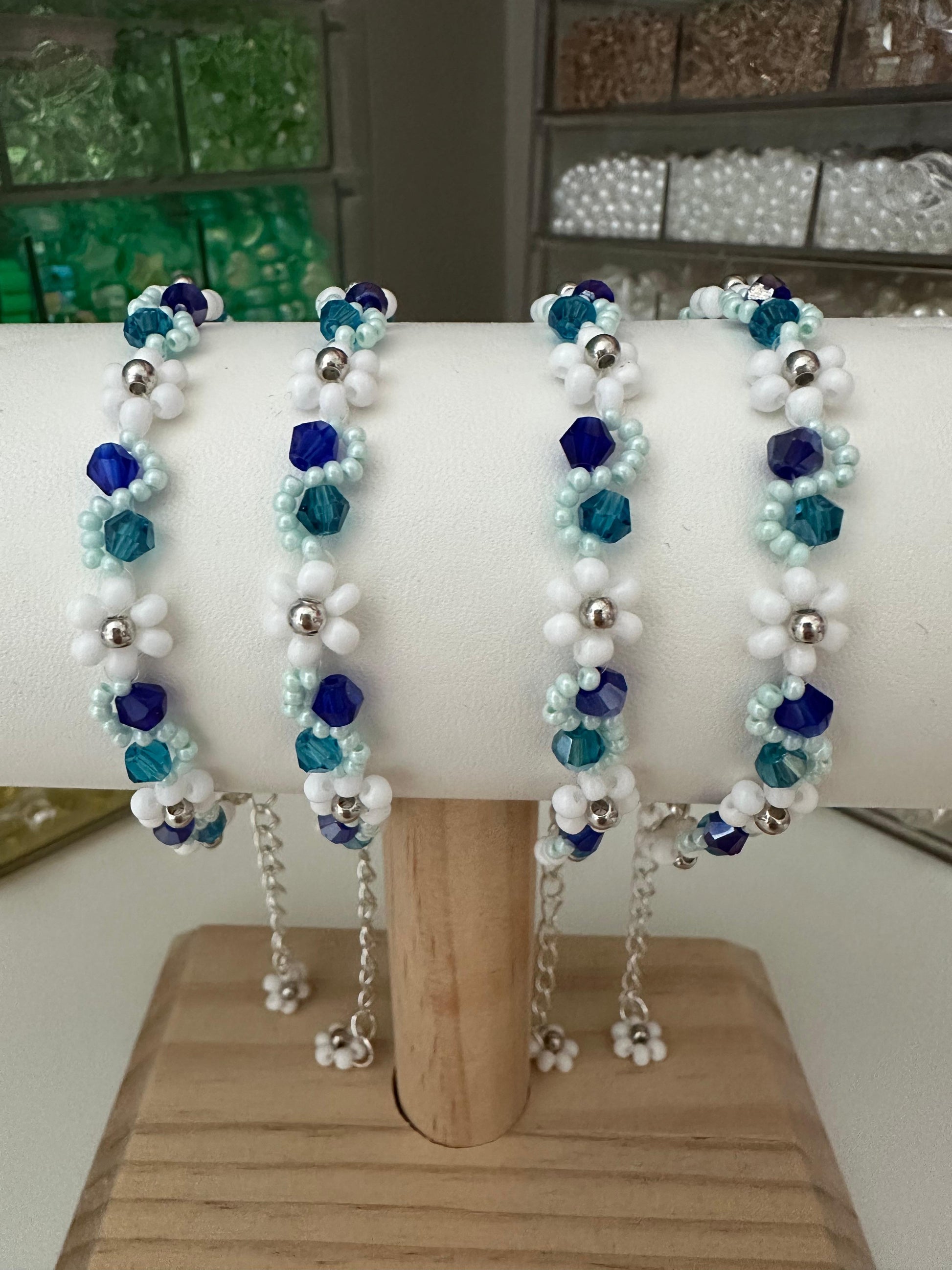 SEA WHISPER Handmade Bracelet with white, indigo, turquoise glass and silver beads on nylon string with stainless steel clasp