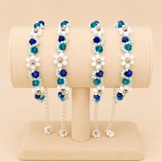 SEA WHISPER Handmade bracelet with white, indigo, turquoise, silver, and light blue beads on stainless steel chain