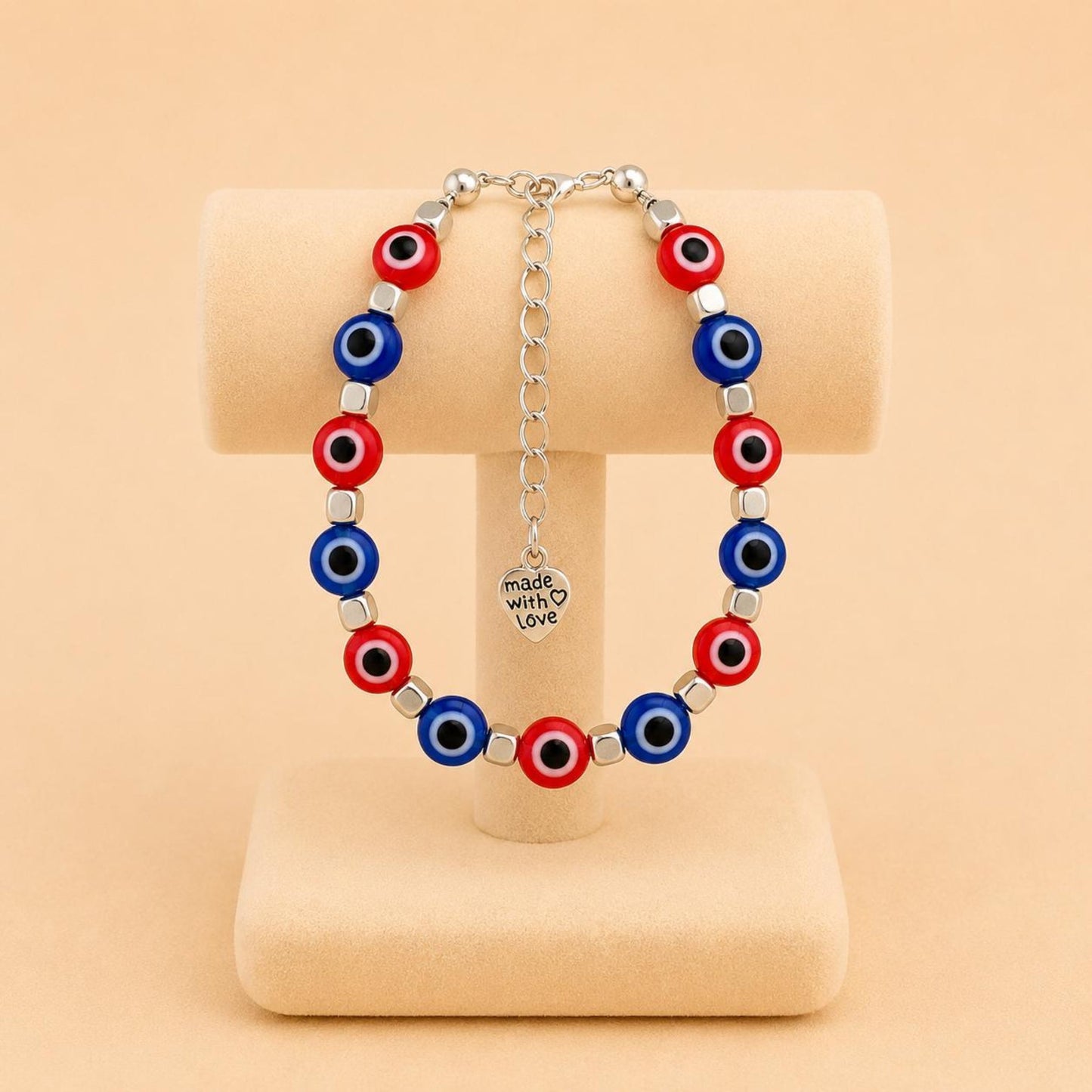Colorful handmade protective evil eye bracelet with silver cube beads and stainless steel clasp