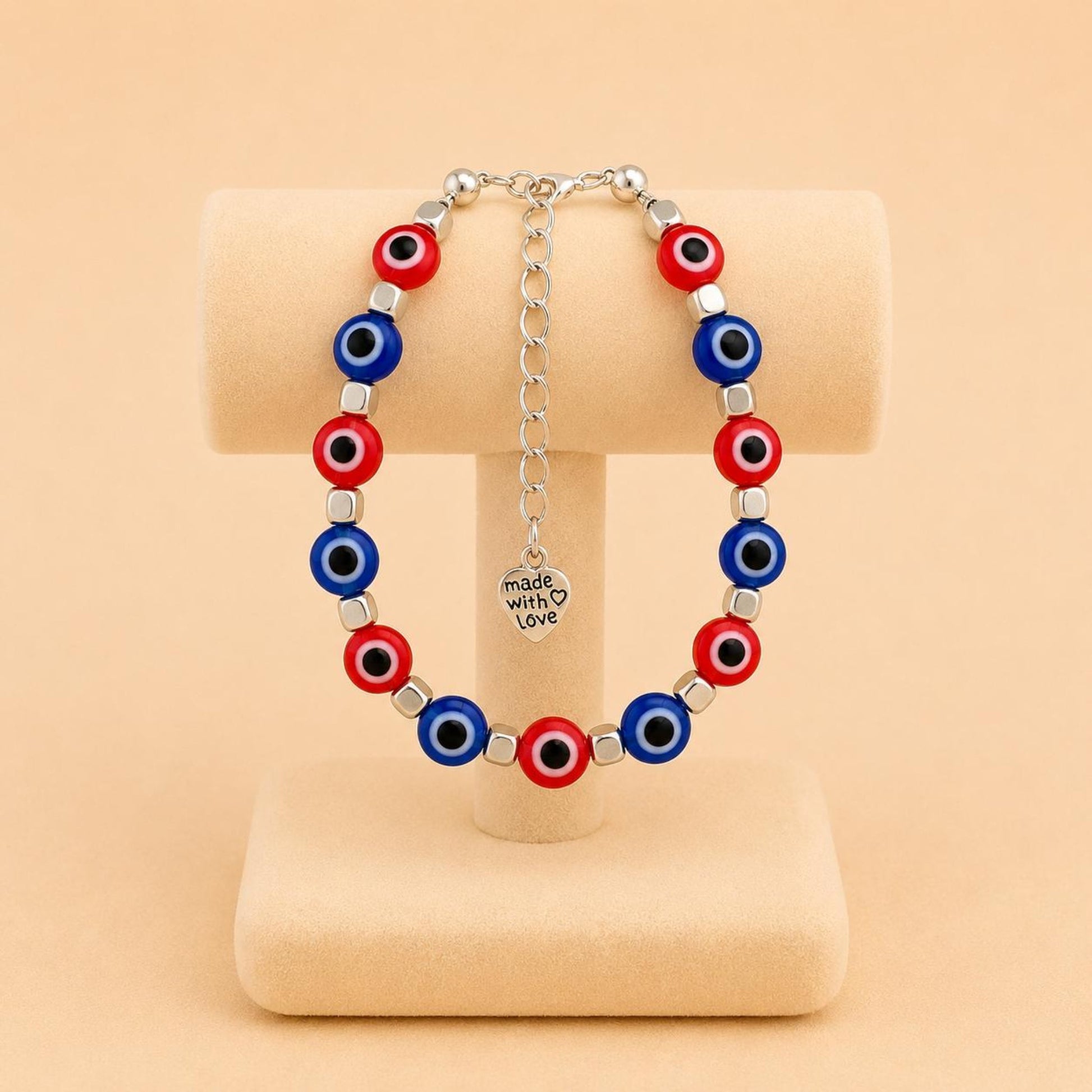 Colorful handmade protective evil eye bracelet with silver cube beads and stainless steel clasp