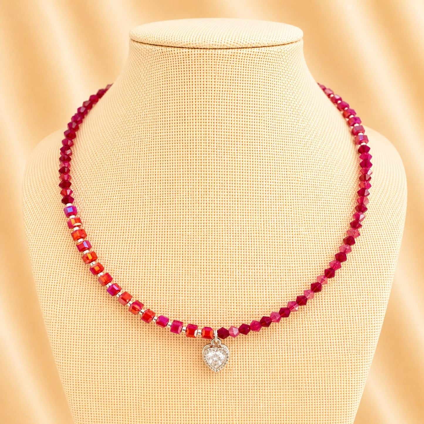 Handmade RADIANT LOVE necklace with red crystal beads and silver heart pendant