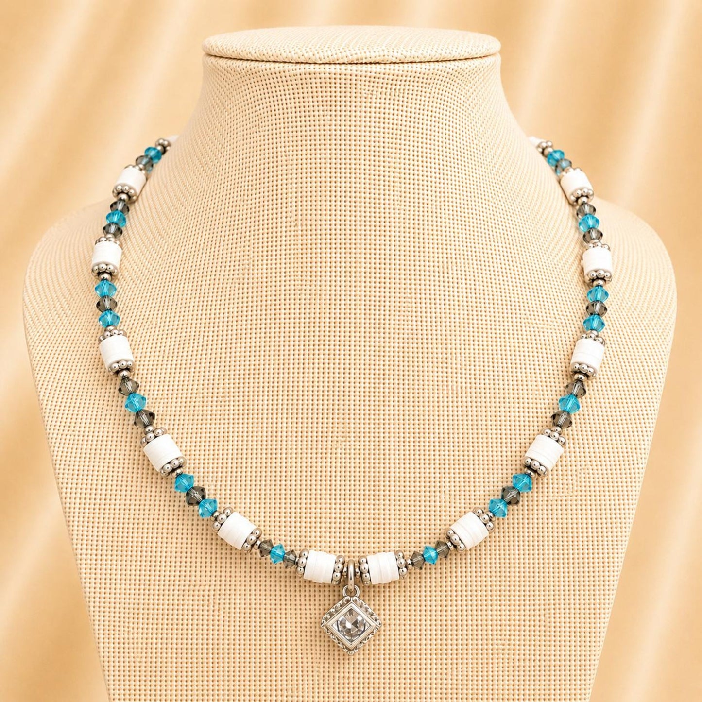 SOFT HARMONY handmade necklace with grey, turquoise, silver, and white beads on stainless steel chain