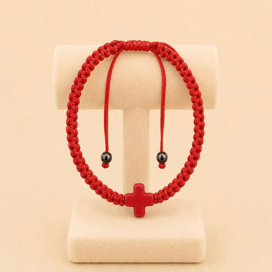 Red Cross satin handmade bracelet with adjustable sliding knot and bold red cross charm