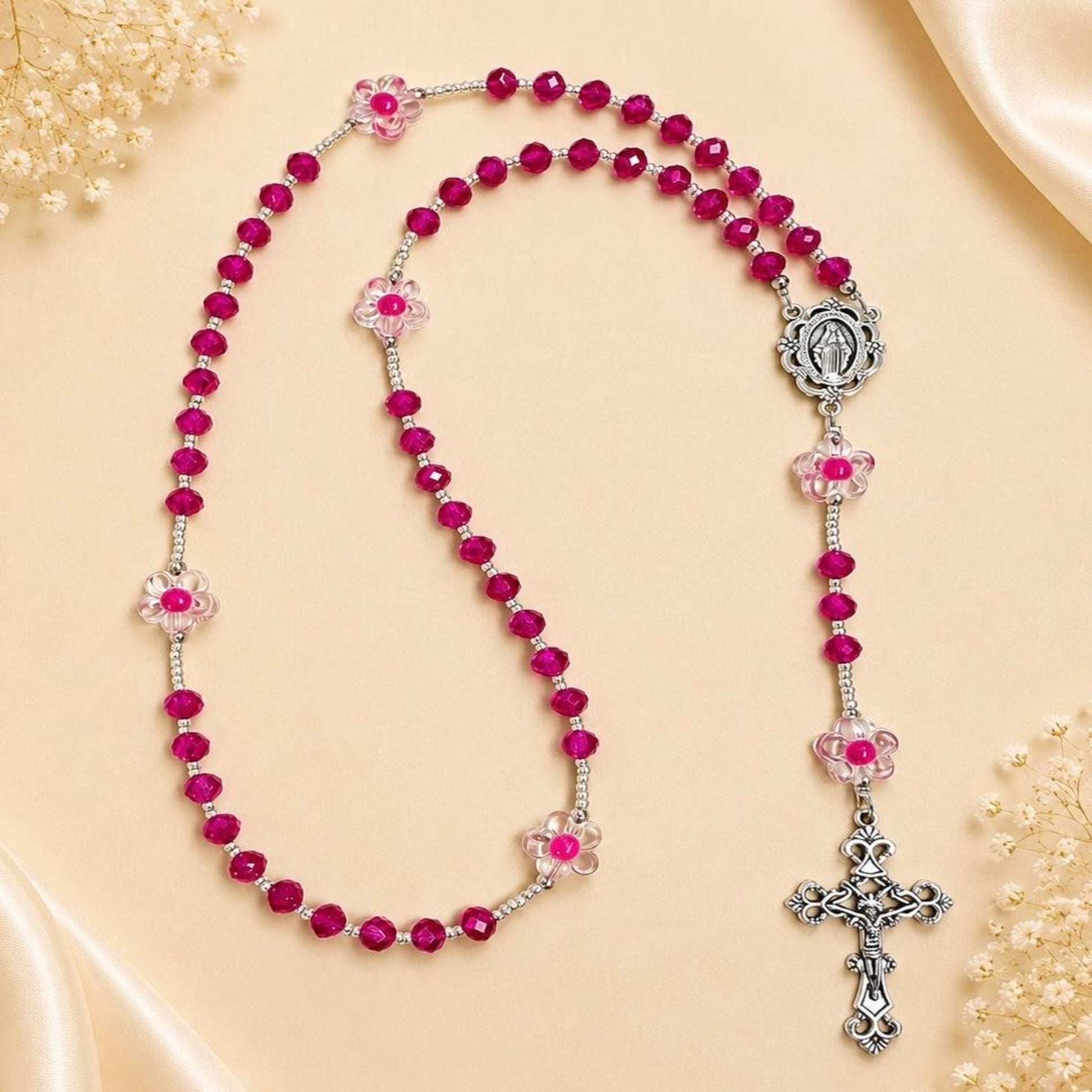 Fuchsia blossom handmade rosary with crystal and silver beads
