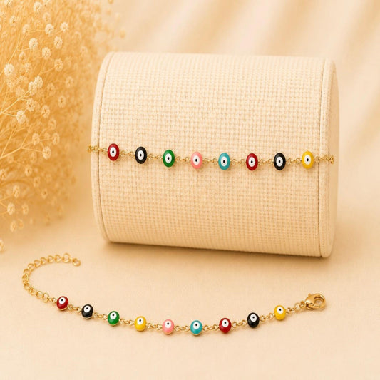 Colorful Evil Eye beads stainless steel bracelet with gold links for stylish protection