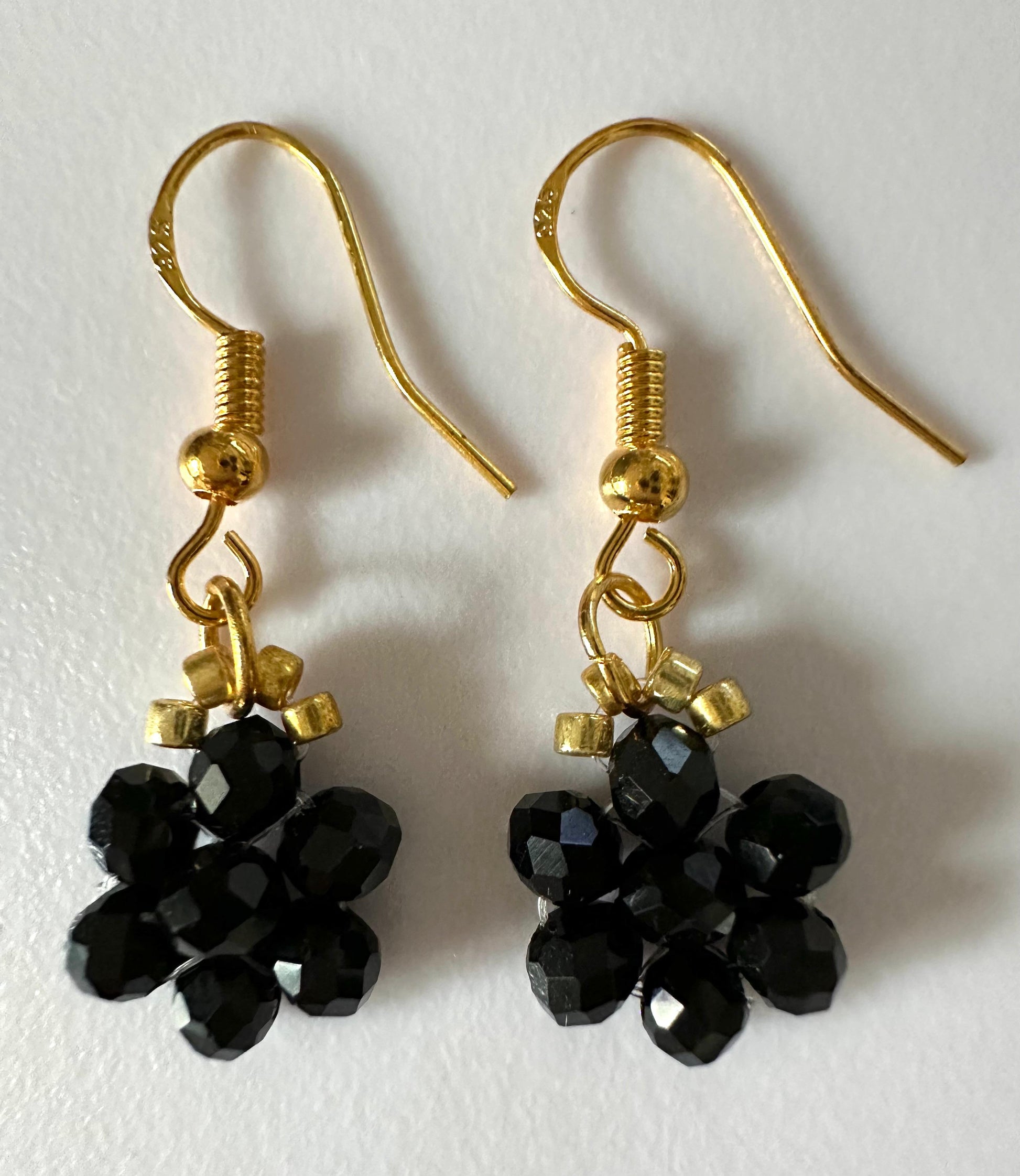 Handmade flower blossom earrings with faceted crystal beads and gold-tone accents