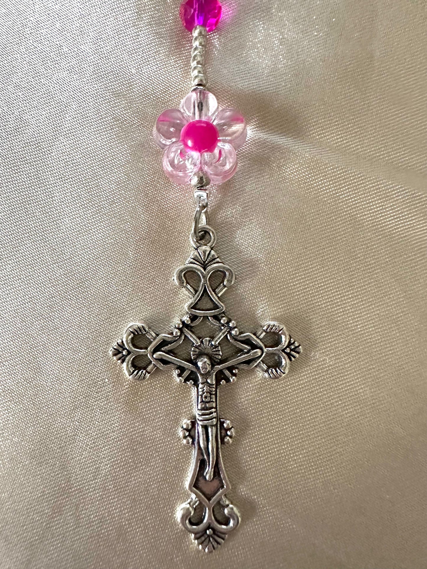 Handmade fuchsia blossom rosary with crystal and flower beads, silver-tone crucifix and centerpiece