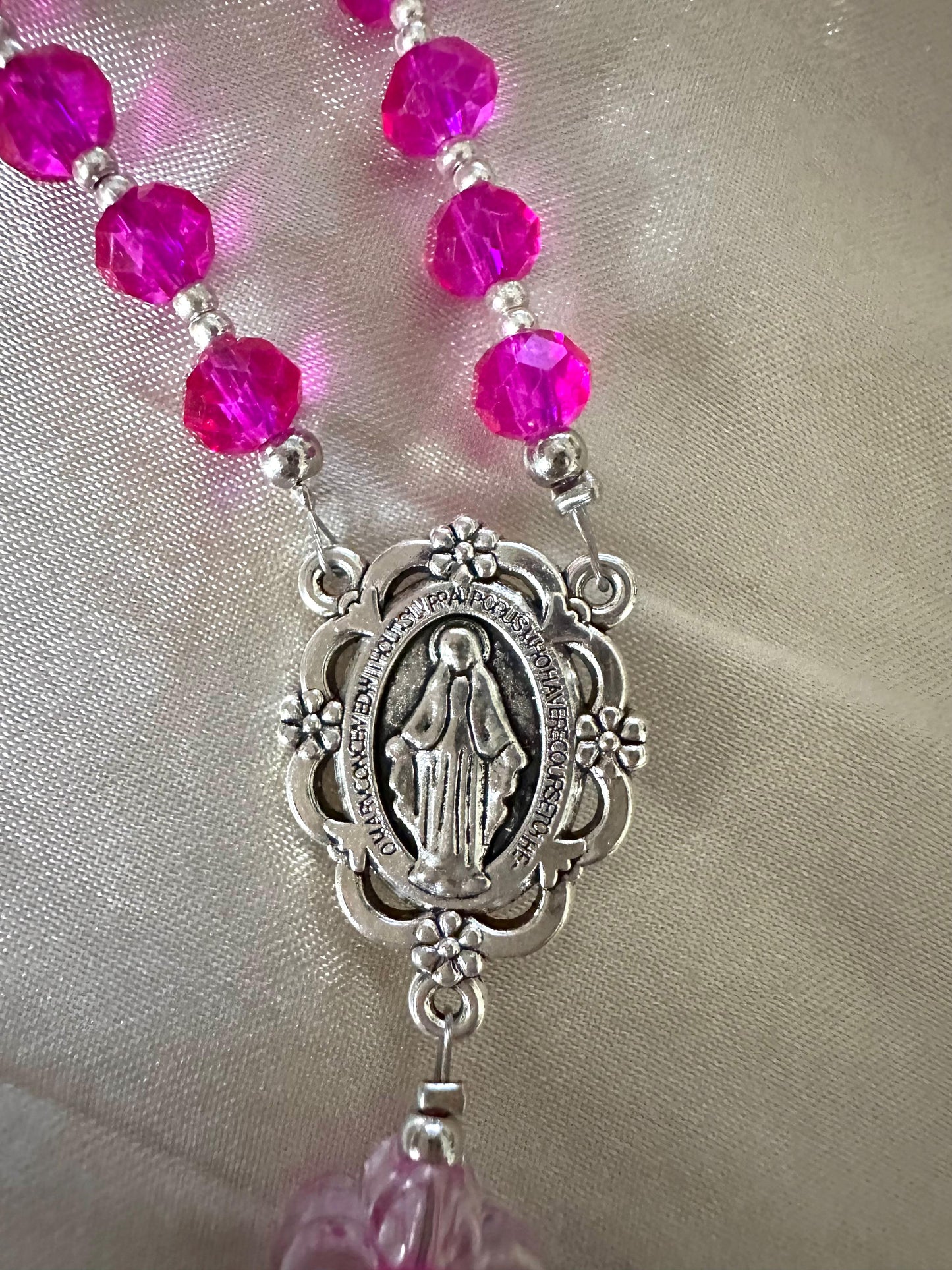 Handmade fuchsia blossom rosary with crystal and flower beads, silver-tone crucifix and centerpiece