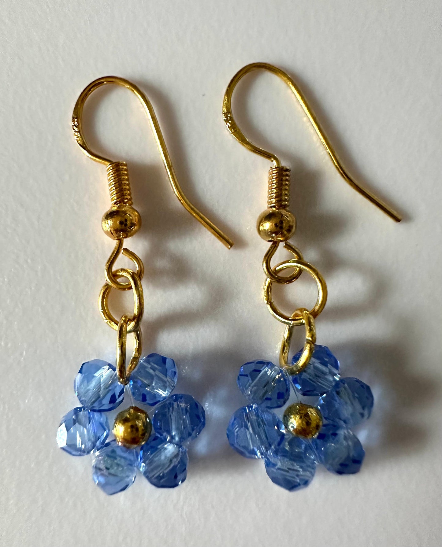 Handmade flower blossom earrings with faceted crystal beads and gold-tone accents on 18K gold-plated hooks