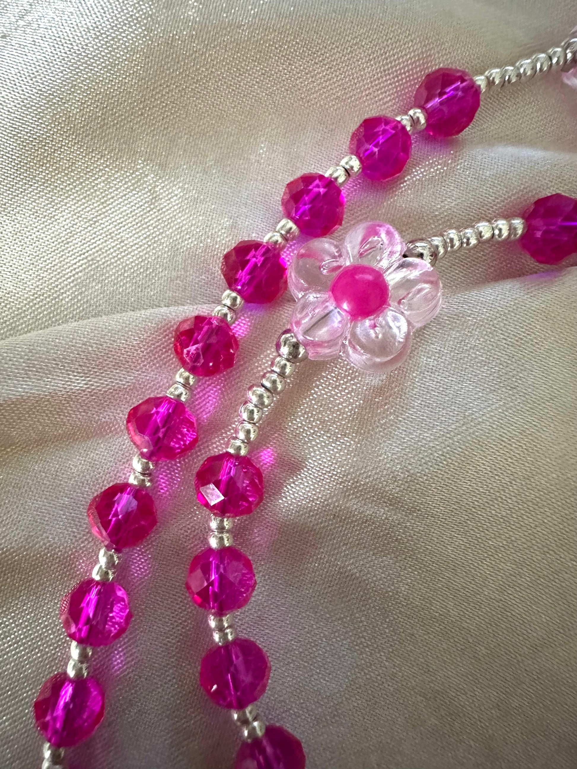 Handmade fuchsia blossom rosary with crystal and flower beads, silver-tone crucifix and centerpiece