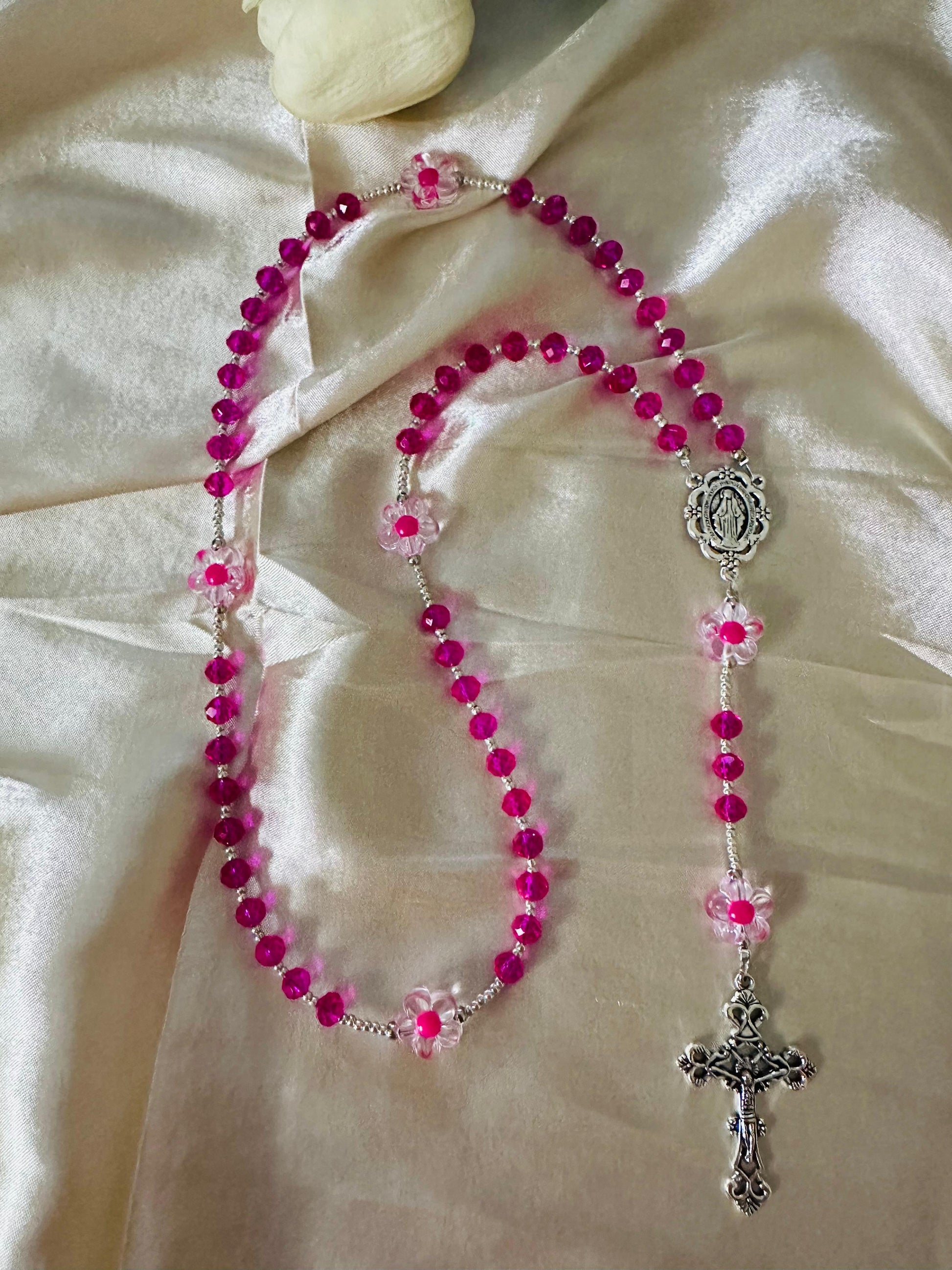 Handmade fuchsia blossom rosary with crystal and flower beads, silver-tone crucifix and centerpiece
