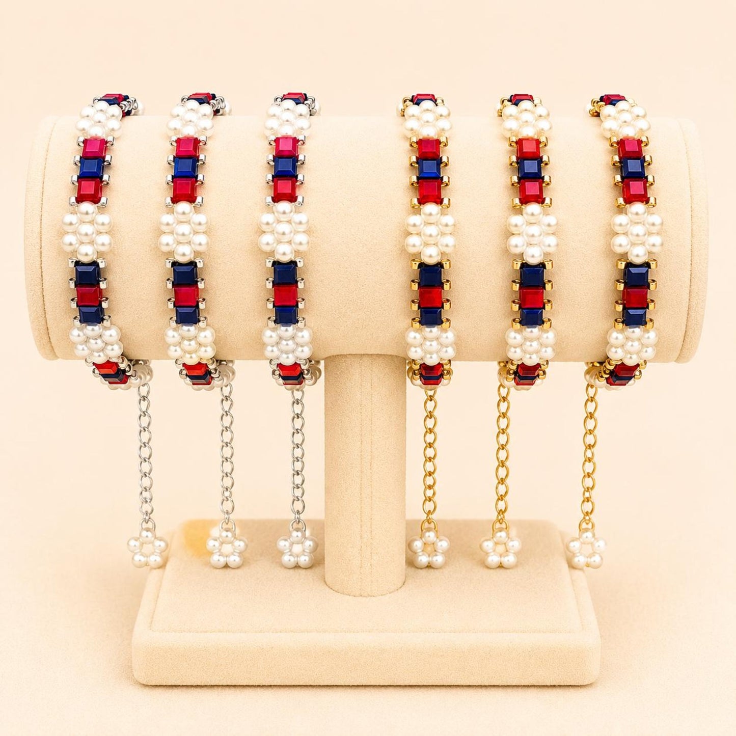 Handmade ROYAL PEARL SYMPHONY bracelet with navy, red glass beads, white faux pearls, and gold or silver finish clasp