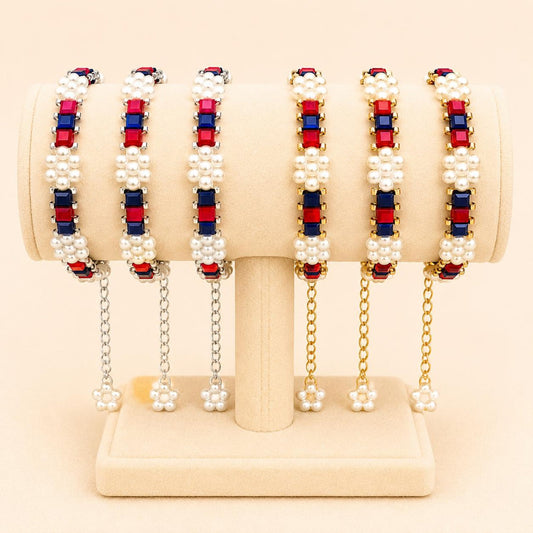 Handmade ROYAL PEARL SYMPHONY bracelet with navy, red glass beads, white faux pearls, and gold or silver finish clasp