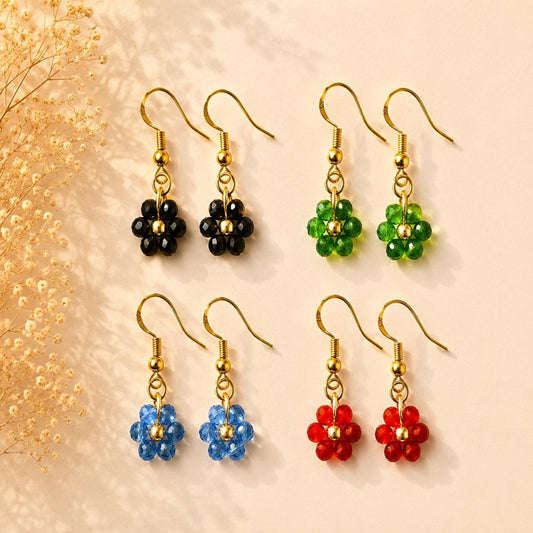 Handmade Flower Blossom Earrings with faceted crystal beads and 18K gold-plated hooks