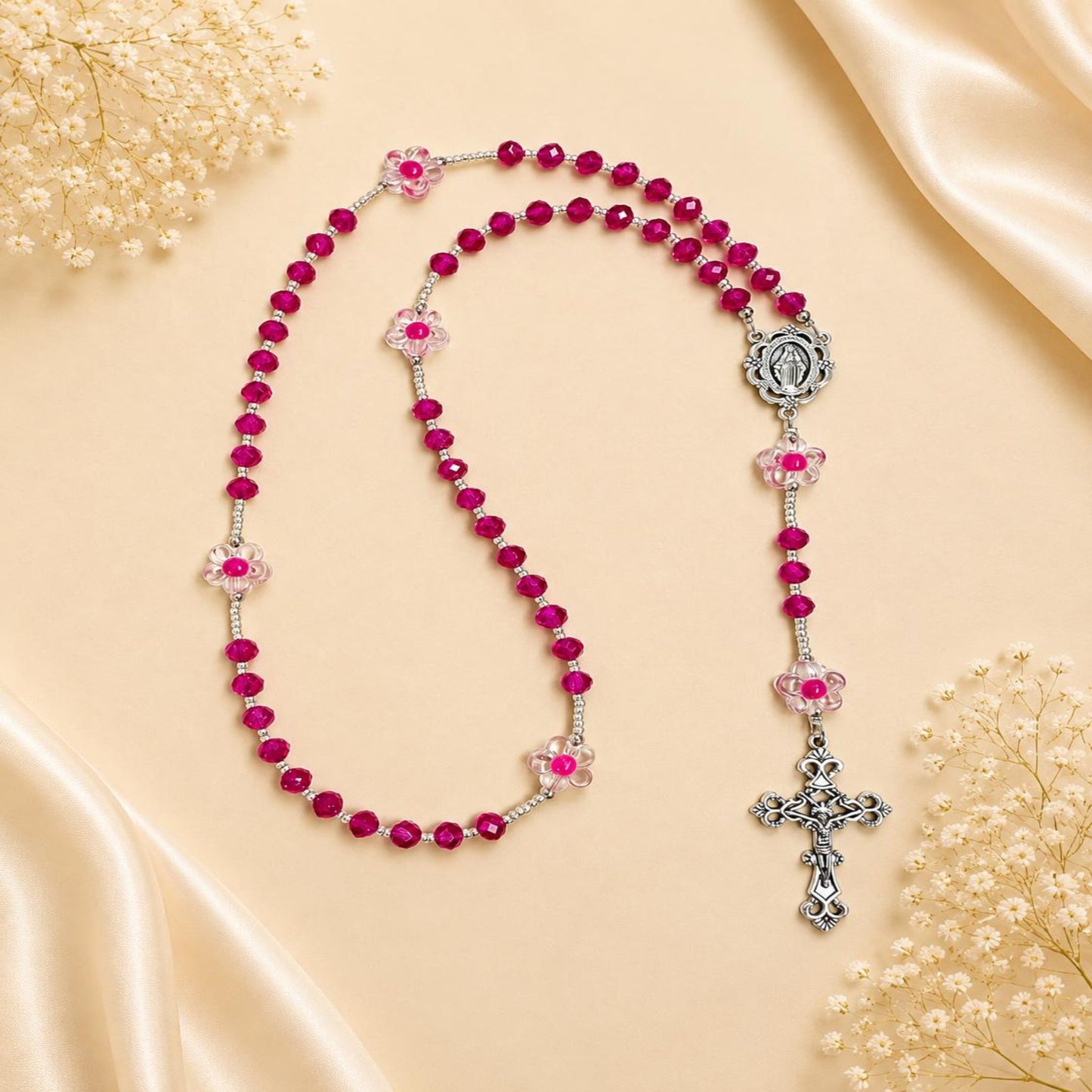 Handmade fuchsia blossom rosary with crystal and flower beads, silver-tone crucifix and centerpiece