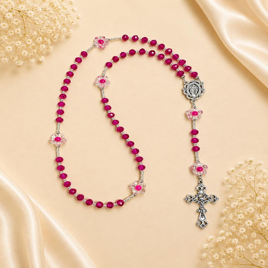 Handmade fuchsia blossom rosary with crystal and flower beads, silver-tone crucifix and centerpiece