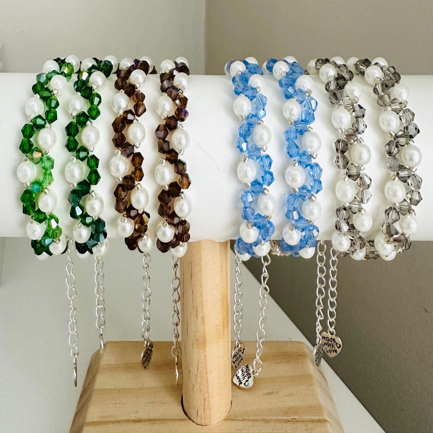 Handmade pearl and crystal bracelet with silver beads in blue, brown, gray, or green colors