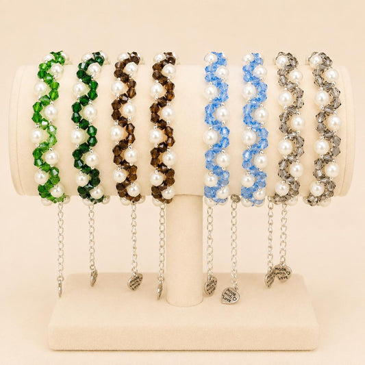 Handmade PEARL & CRYSTAL DREAM bracelet with white faux pearls and colored crystal beads in blue, brown, gray, or green