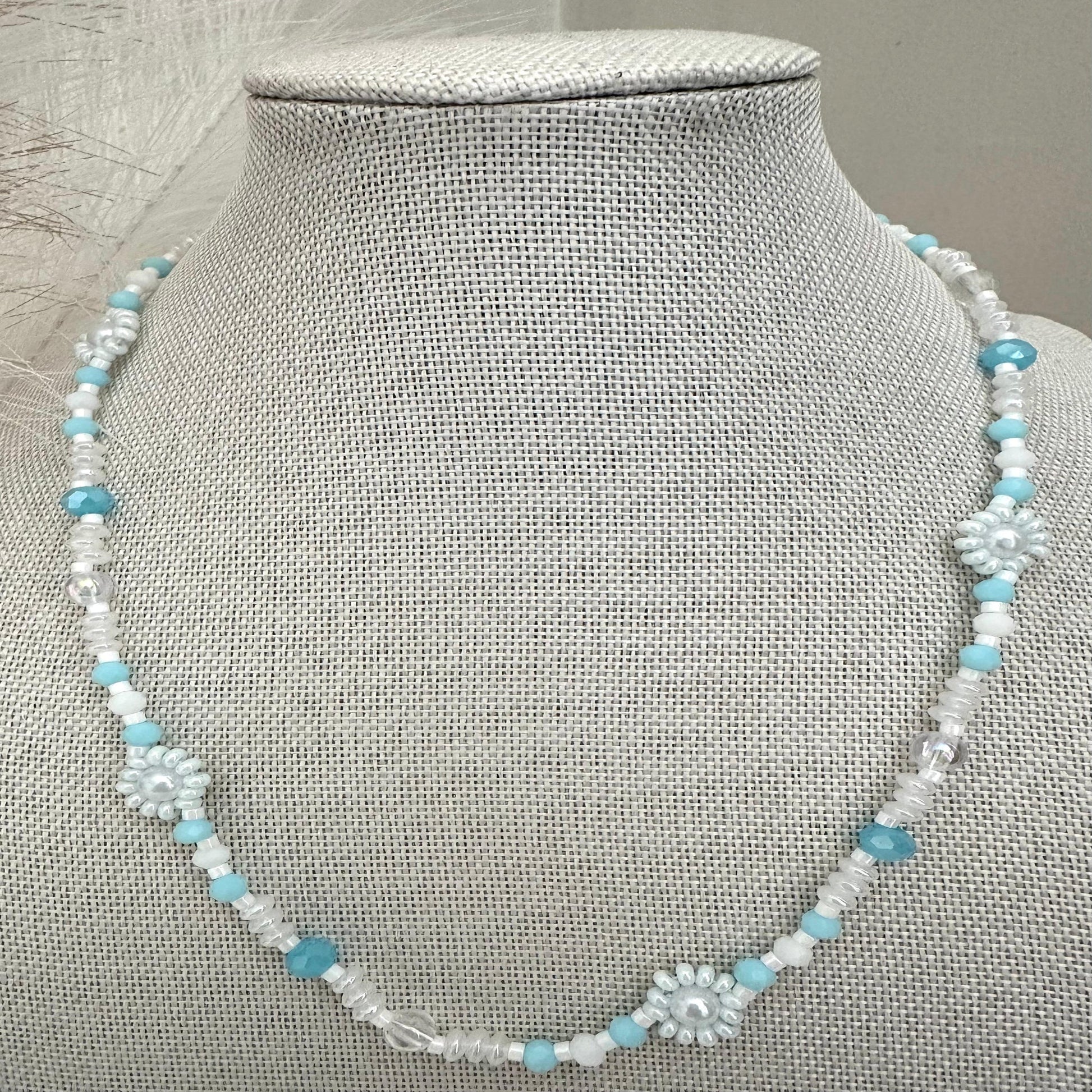 Handmade OCEAN MIST necklace with light blue and white glass beads and faux pearls on stainless steel chain