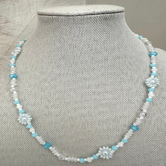 Handmade OCEAN MIST necklace with light blue and white glass beads and faux pearls on stainless steel chain