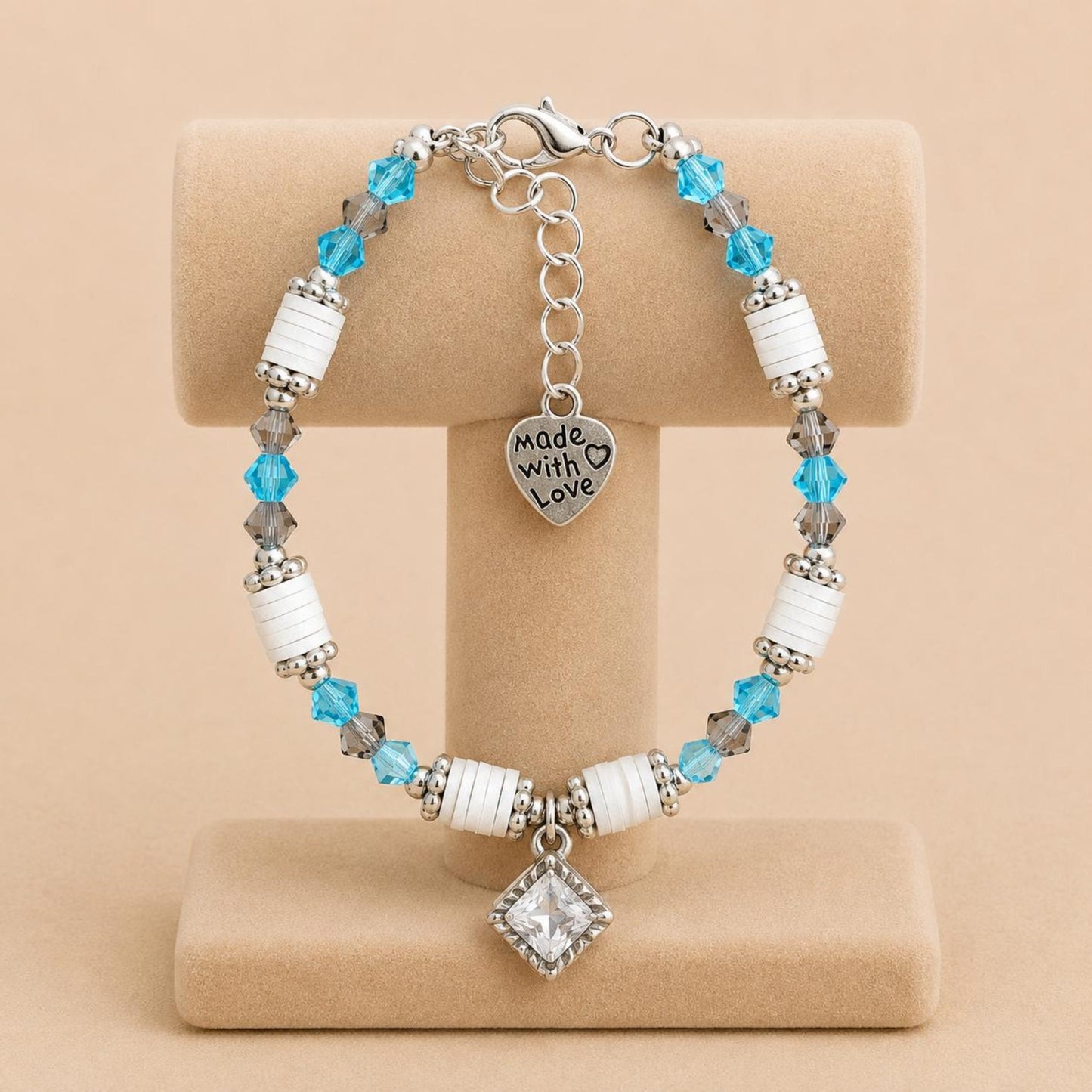 SOFT HARMONY handmade bracelet with grey, turquoise crystal glass, silver, and white polymer clay beads on nylon string with stainless steel clasp