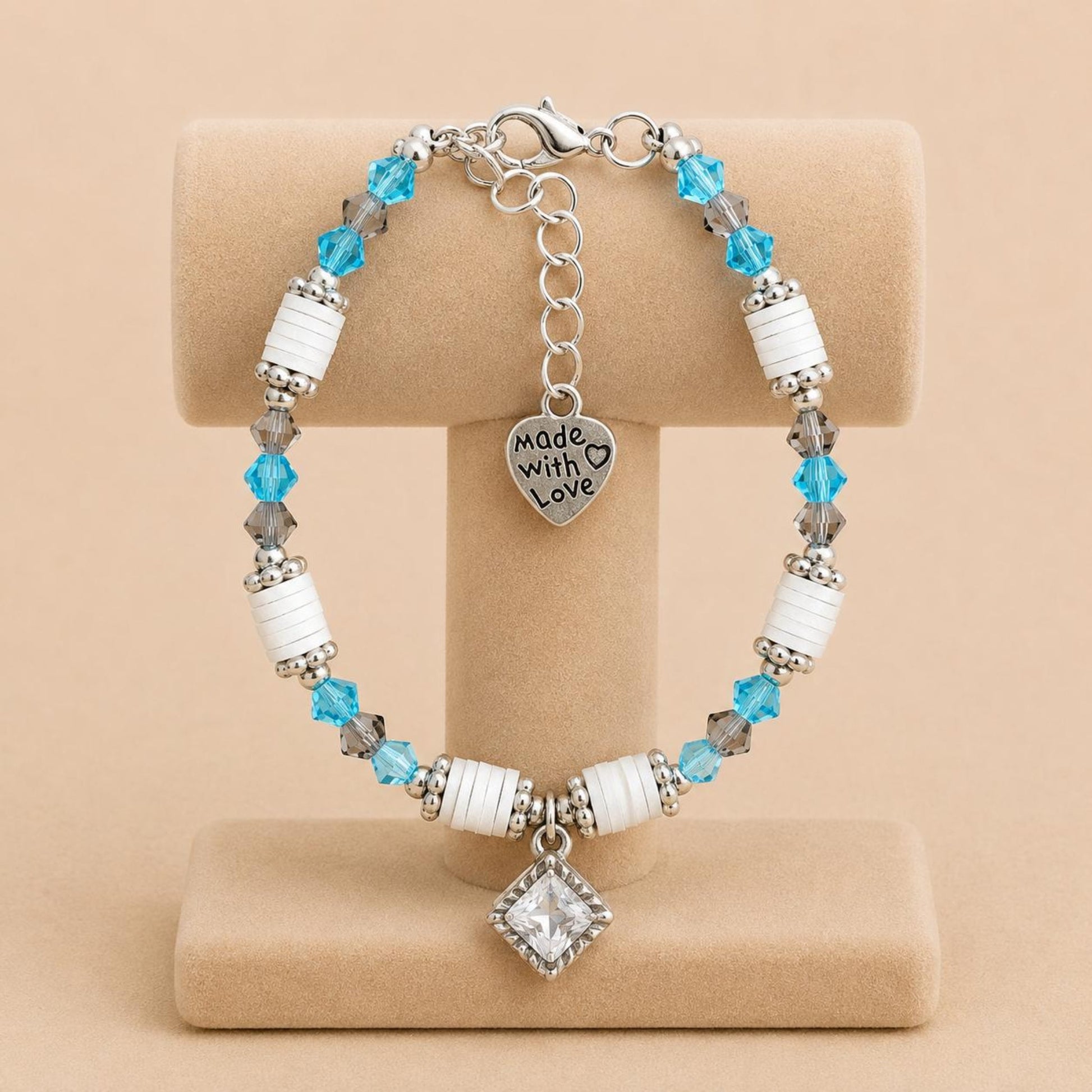 SOFT HARMONY handmade bracelet with grey, turquoise crystal glass, silver, and white polymer clay beads on nylon string with stainless steel clasp
