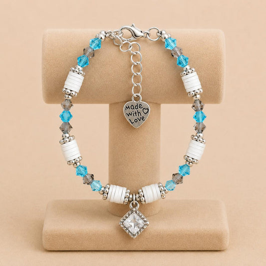 SOFT HARMONY handmade bracelet with grey, turquoise crystal glass, silver, and white polymer clay beads on nylon string with stainless steel clasp
