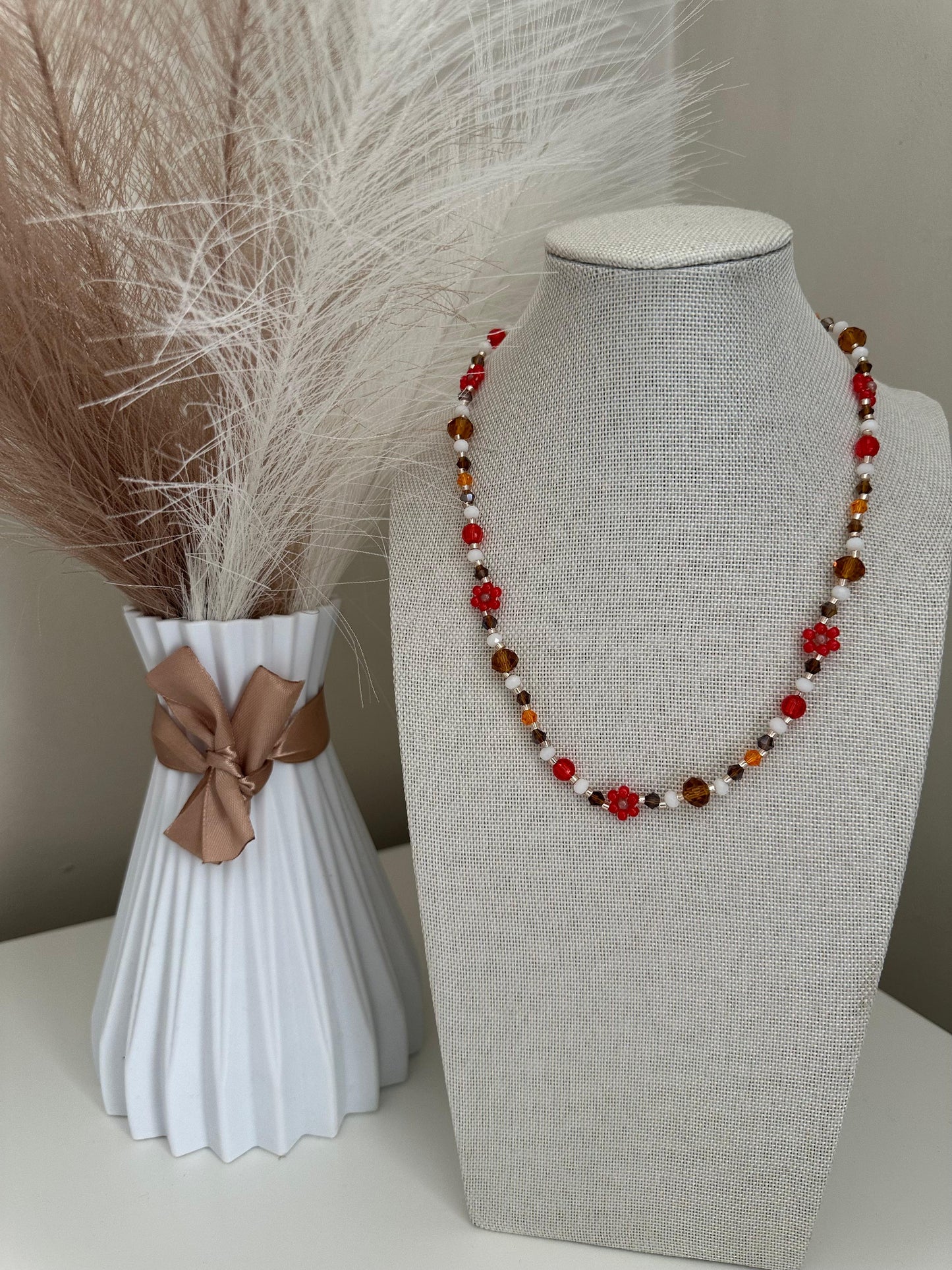 Handmade BRIGHT ESSENCE necklace with multicolor glass beads and beaded flowers on stainless steel chain