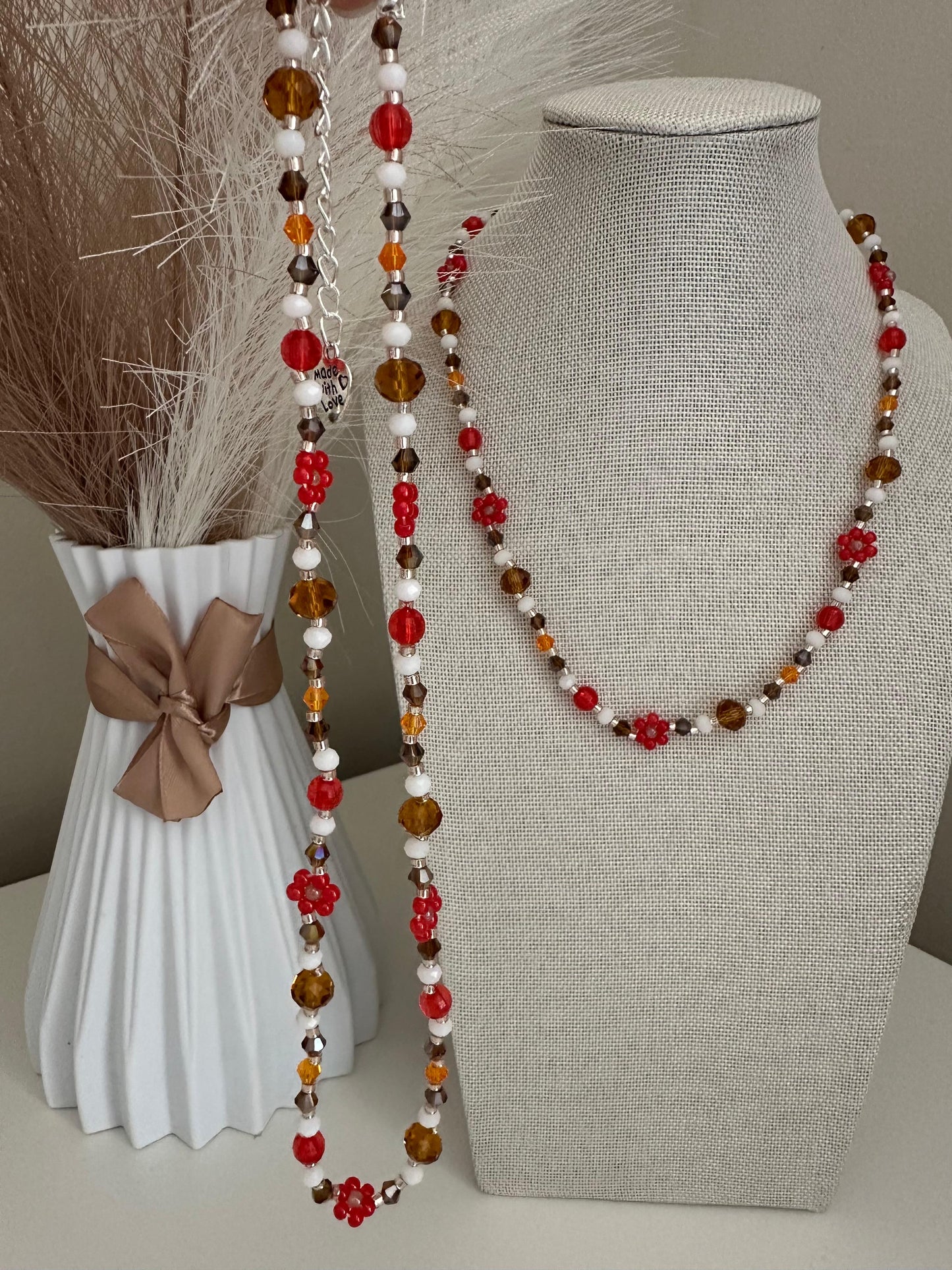 Handmade BRIGHT ESSENCE necklace with glass and Miyuki beads, stainless steel clasp, and floral design