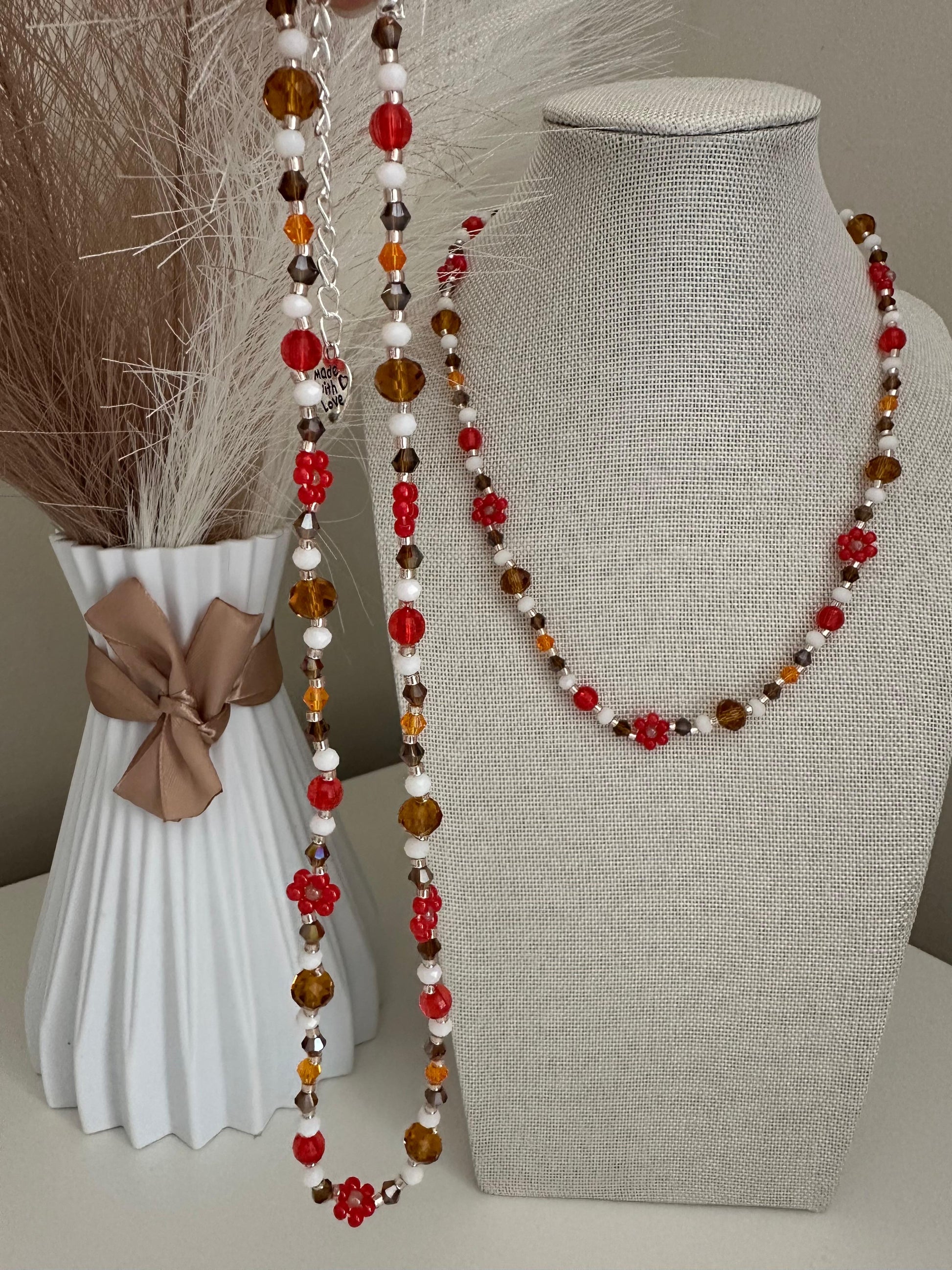 Handmade BRIGHT ESSENCE necklace with glass and Miyuki beads, stainless steel clasp, and floral design