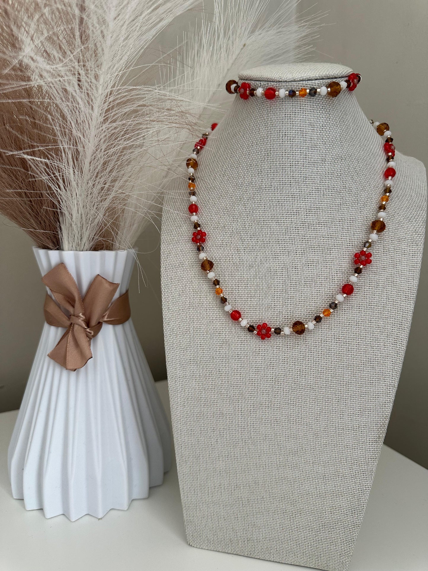 Handmade BRIGHT ESSENCE necklace with multicolored glass beads and stainless steel chain