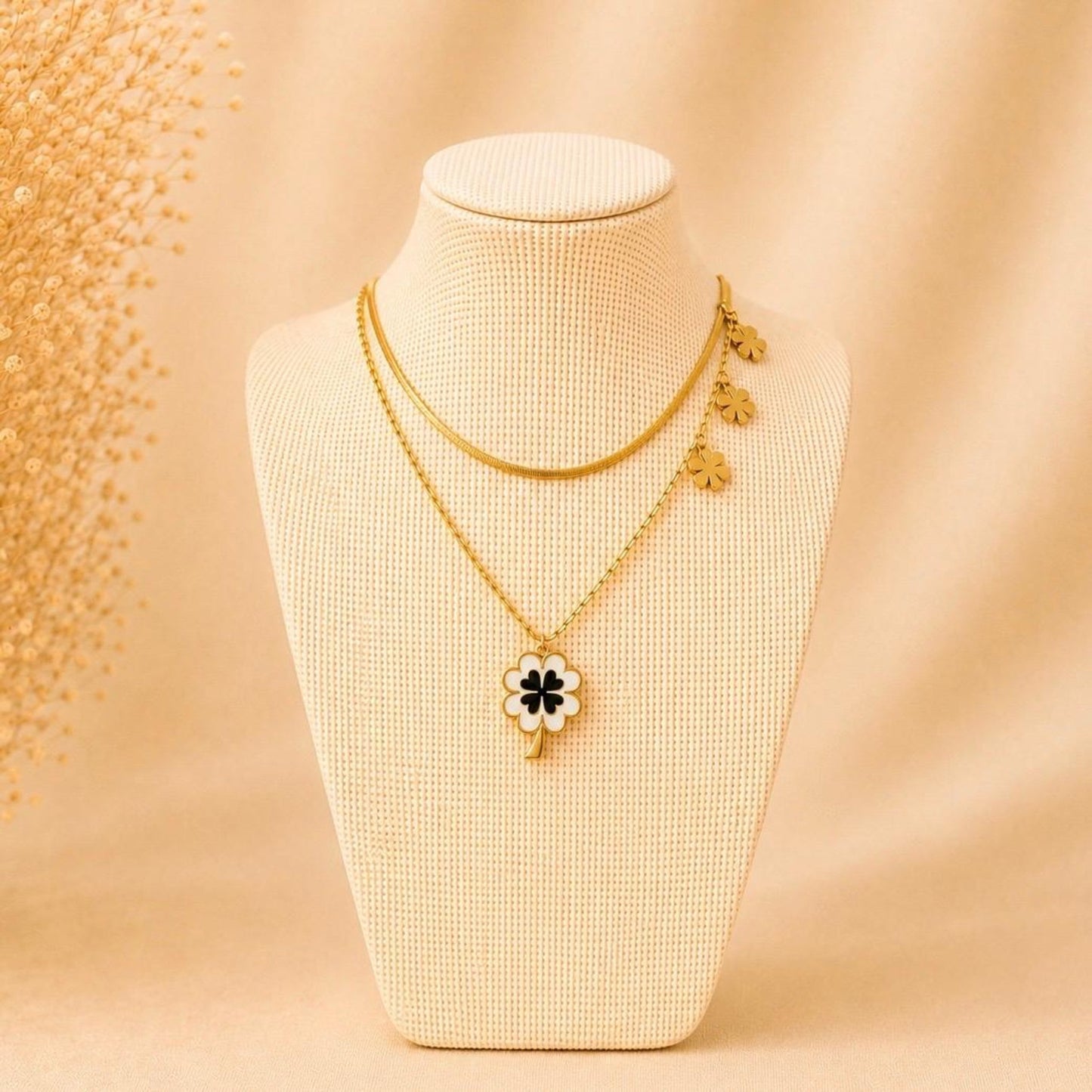 Four Leaf Fortune stainless steel layered necklace with gold plated clover pendant
