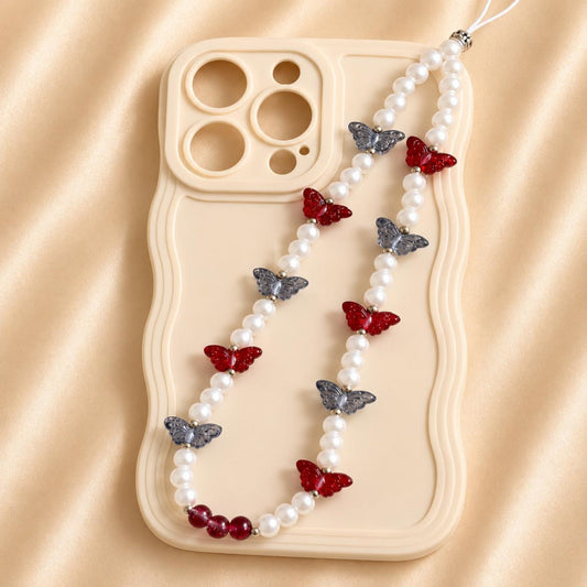 Handmade ethereal butterfly phone charm with faux pearls, versatile accessory for phones, AirPods, keys, and bags