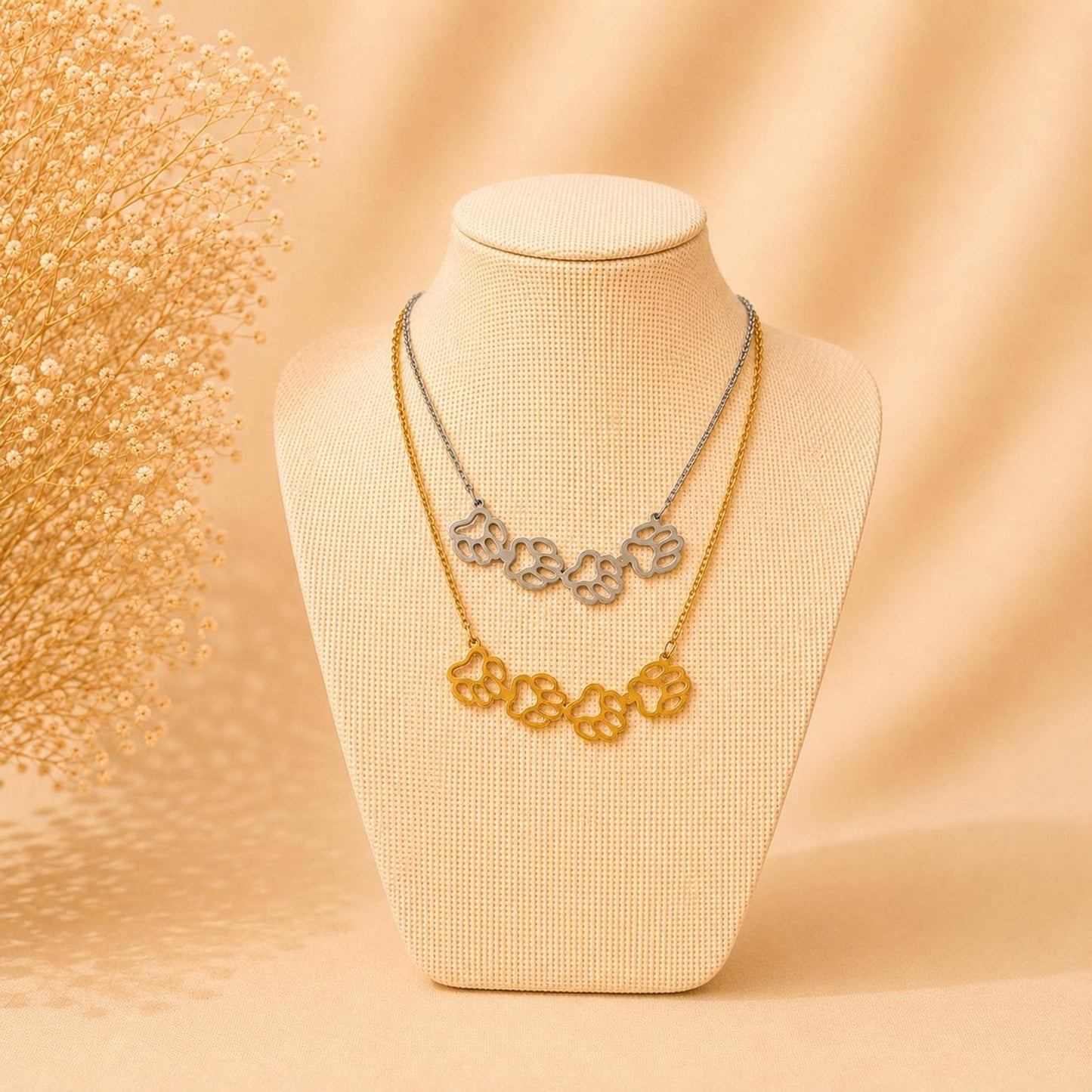 Golden stainless steel dog paw pendant necklace with adjustable chain