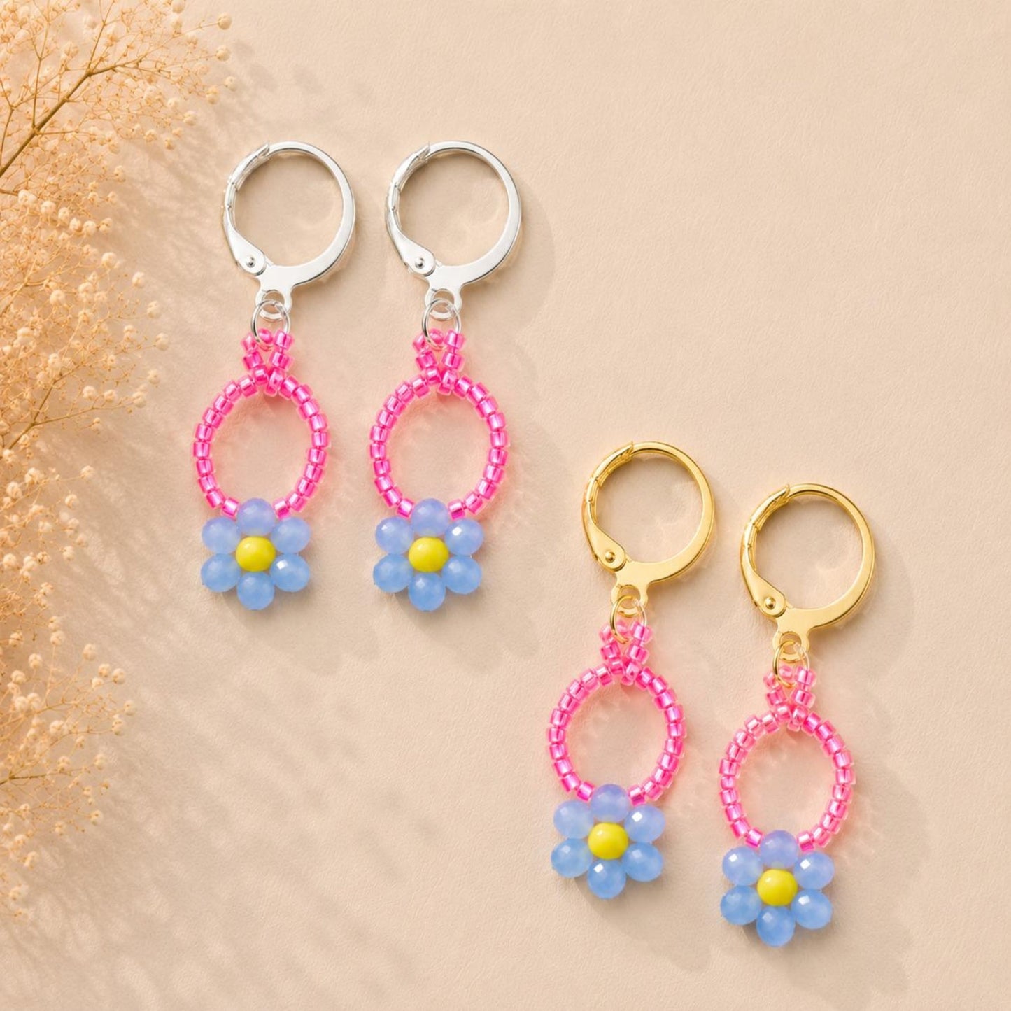 CORAL BLOOM handmade gold and silver earrings with blue and yellow glass beads and coral Miyuki beads