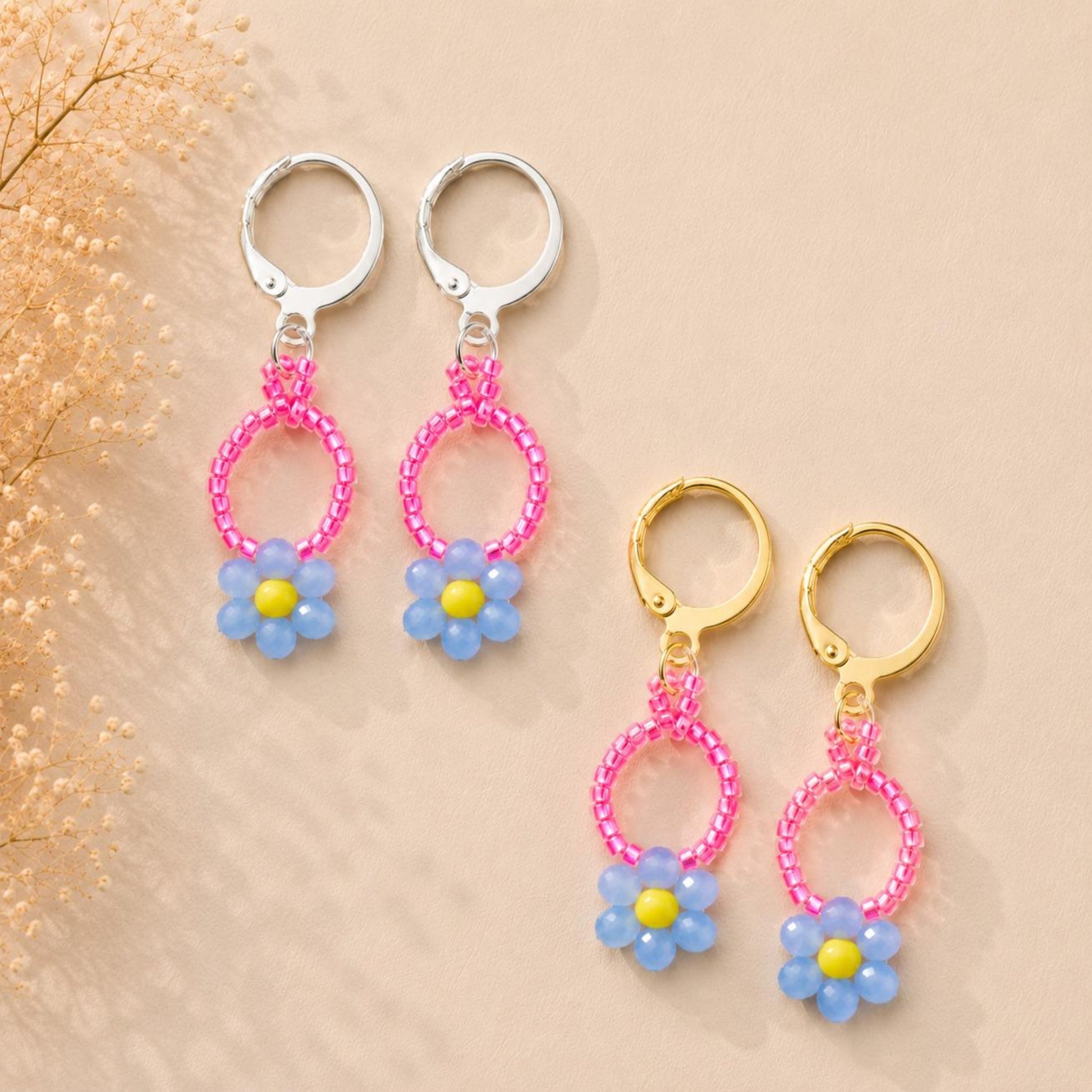 CORAL BLOOM handmade gold and silver earrings with blue and yellow glass beads and coral Miyuki beads