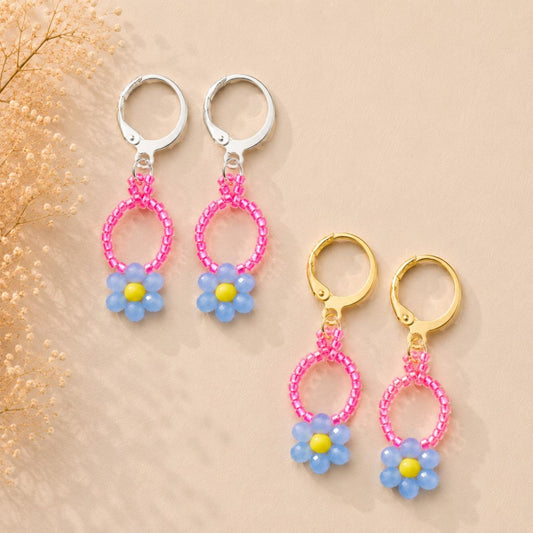 CORAL BLOOM handmade gold and silver earrings with blue and yellow glass beads and coral Miyuki beads