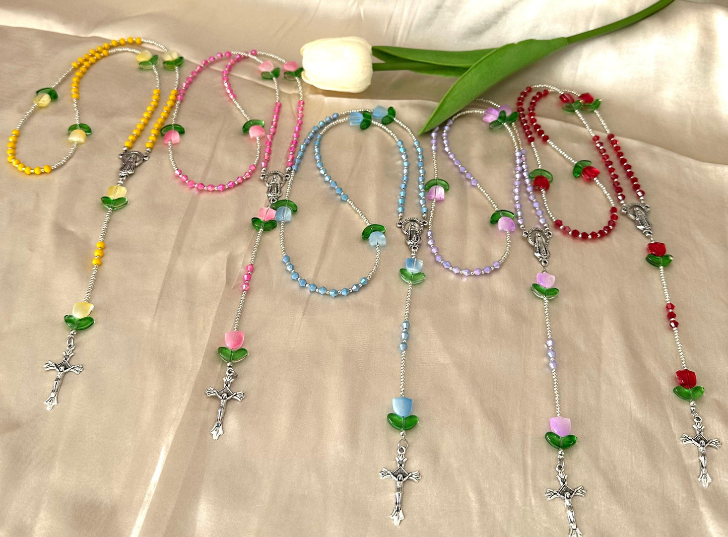 Blooming Faith handmade rosary with colorful glass beads and flower accents for prayer and reflection