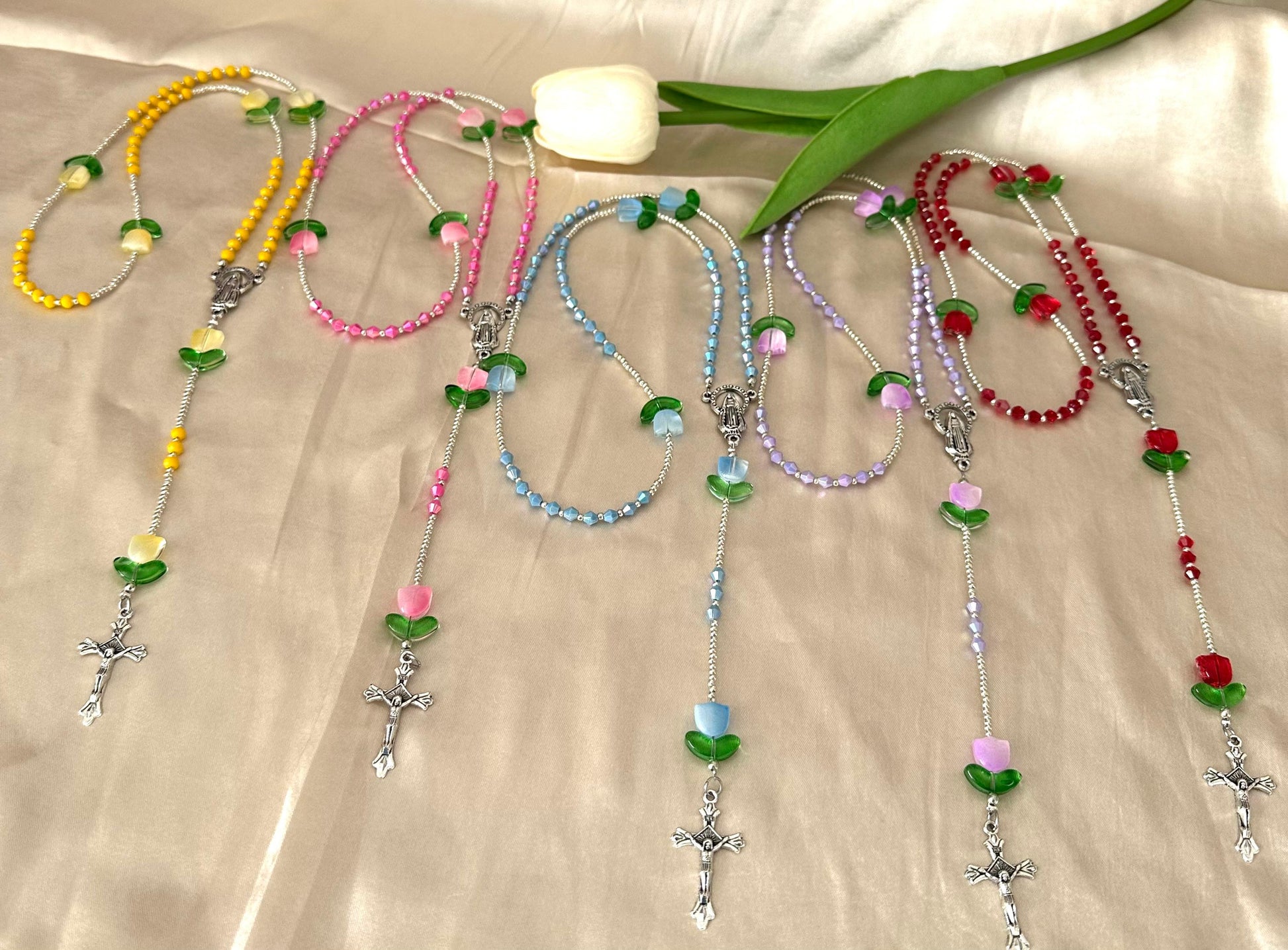 Blooming Faith handmade rosary with colorful glass beads and flower accents for prayer and reflection