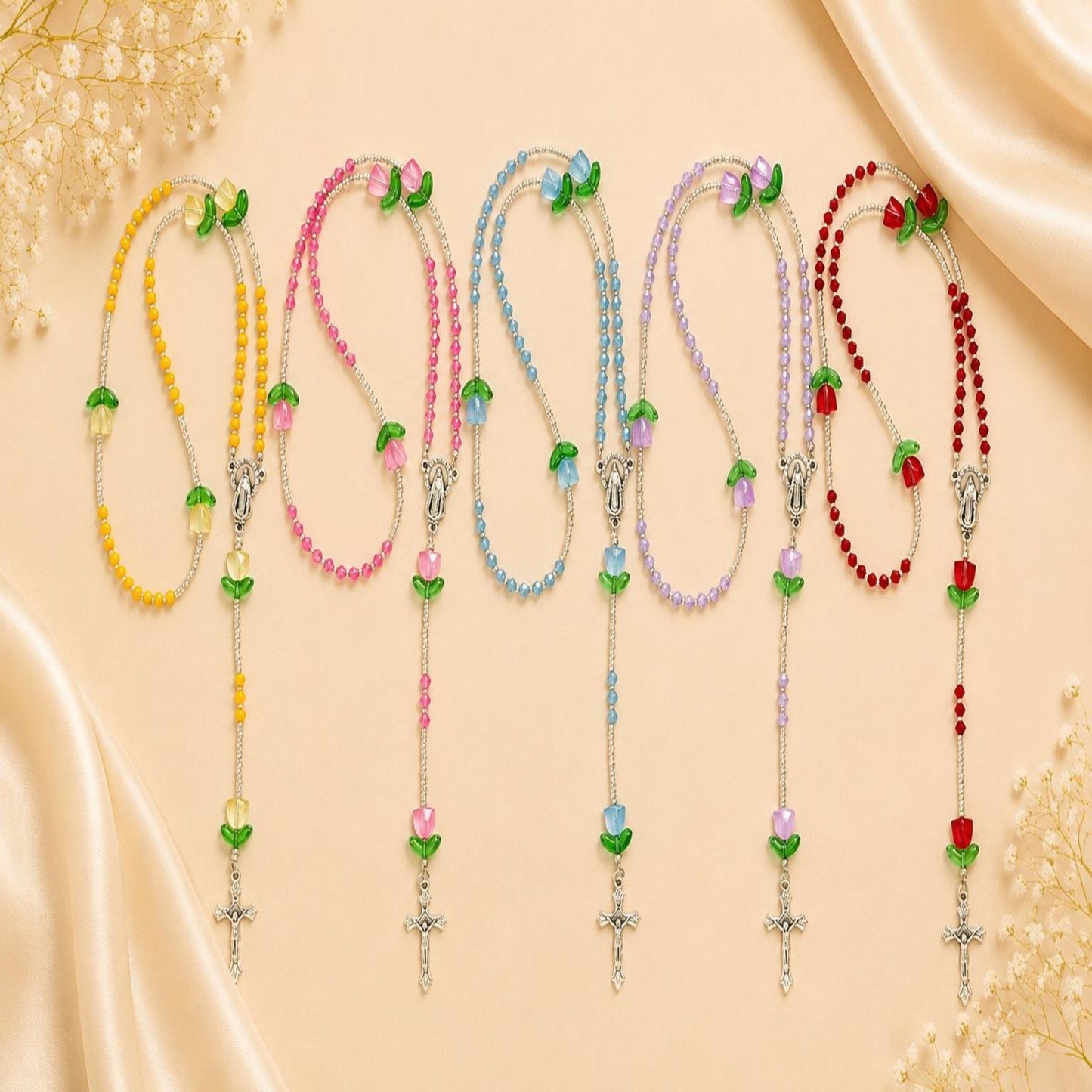 Handmade Blooming Faith rosary with glass beads, flower accents, silver centerpiece and crucifix for prayer