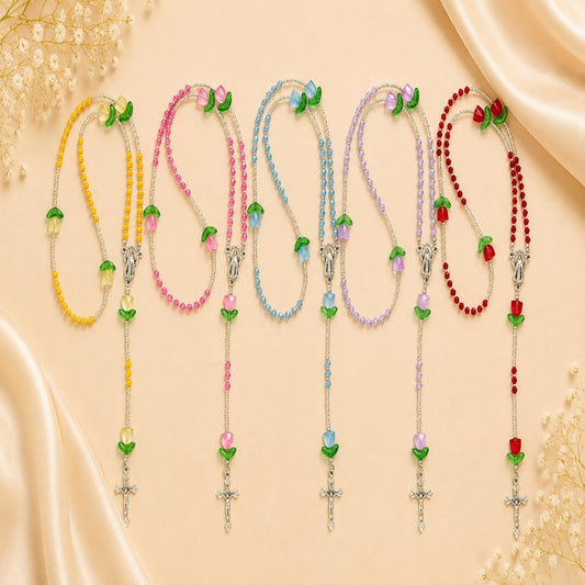 Handmade Blooming Faith rosary with glass beads, flower accents, silver centerpiece and crucifix for prayer