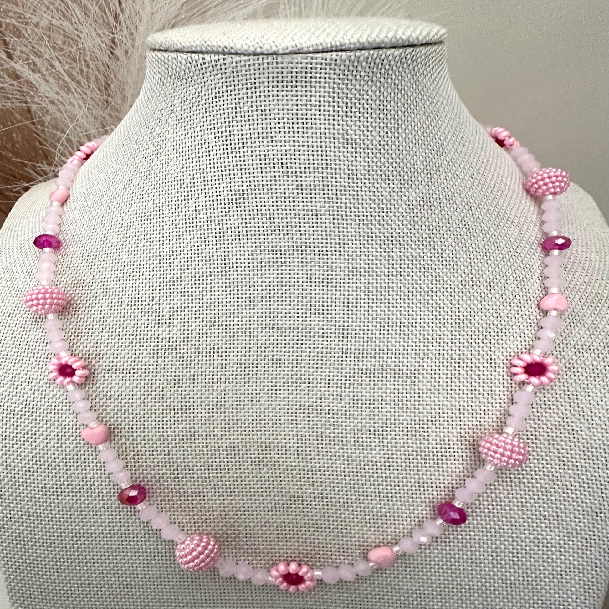 BLUSH TONE Handmade Necklace with pink glass beads, faux pearls, and floral details on stainless steel chain