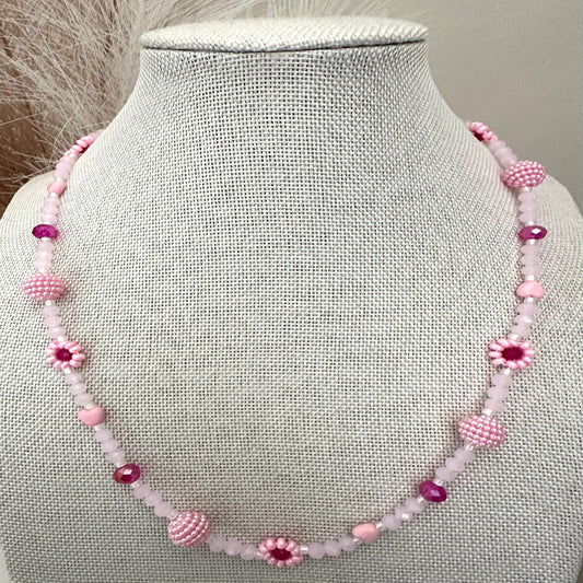 BLUSH TONE Handmade Necklace with pink glass beads, faux pearls, and floral details on stainless steel chain
