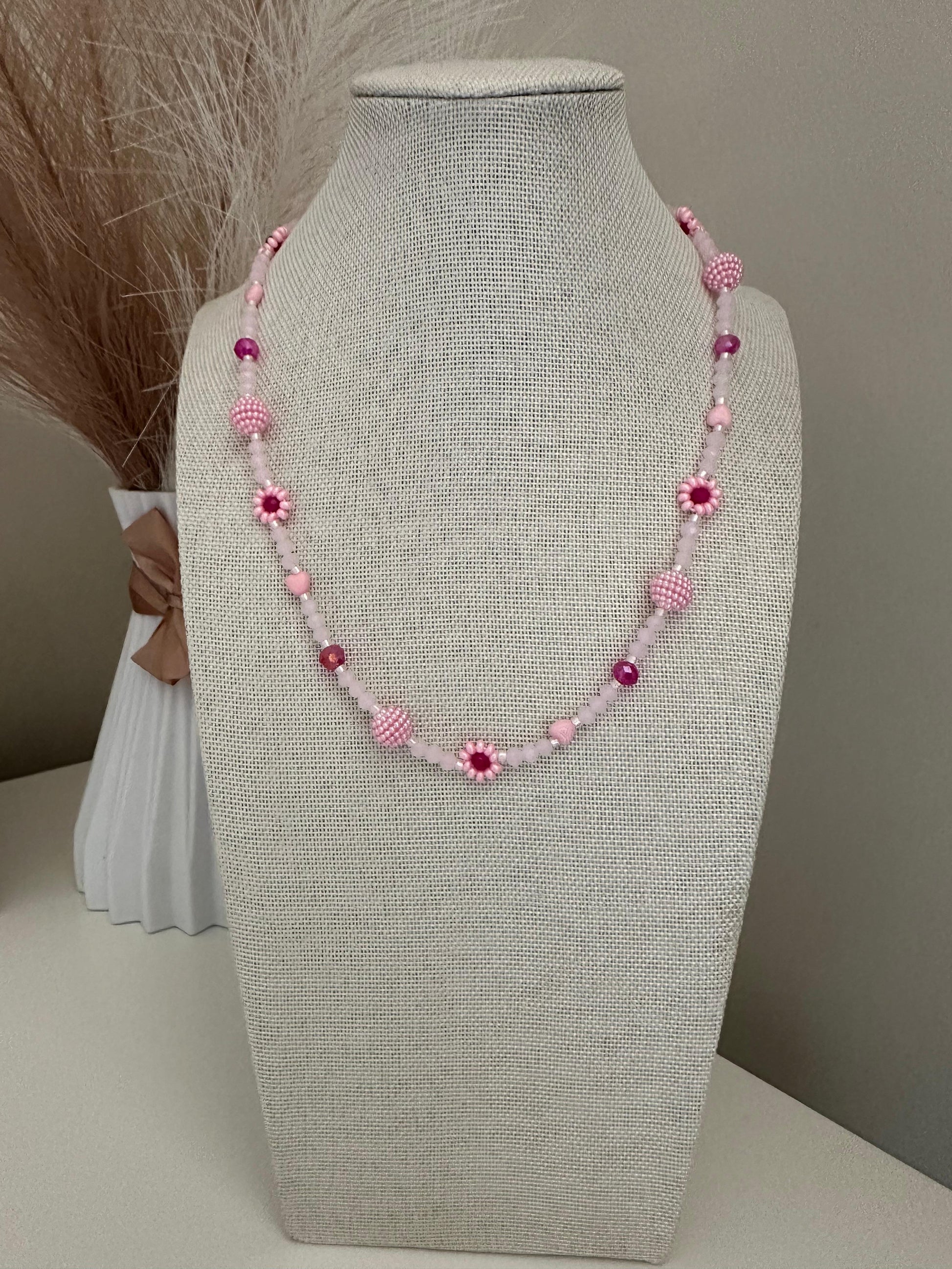 BLUSH TONE Handmade Necklace with pink glass beads, faux pearls, and floral details on stainless steel chain