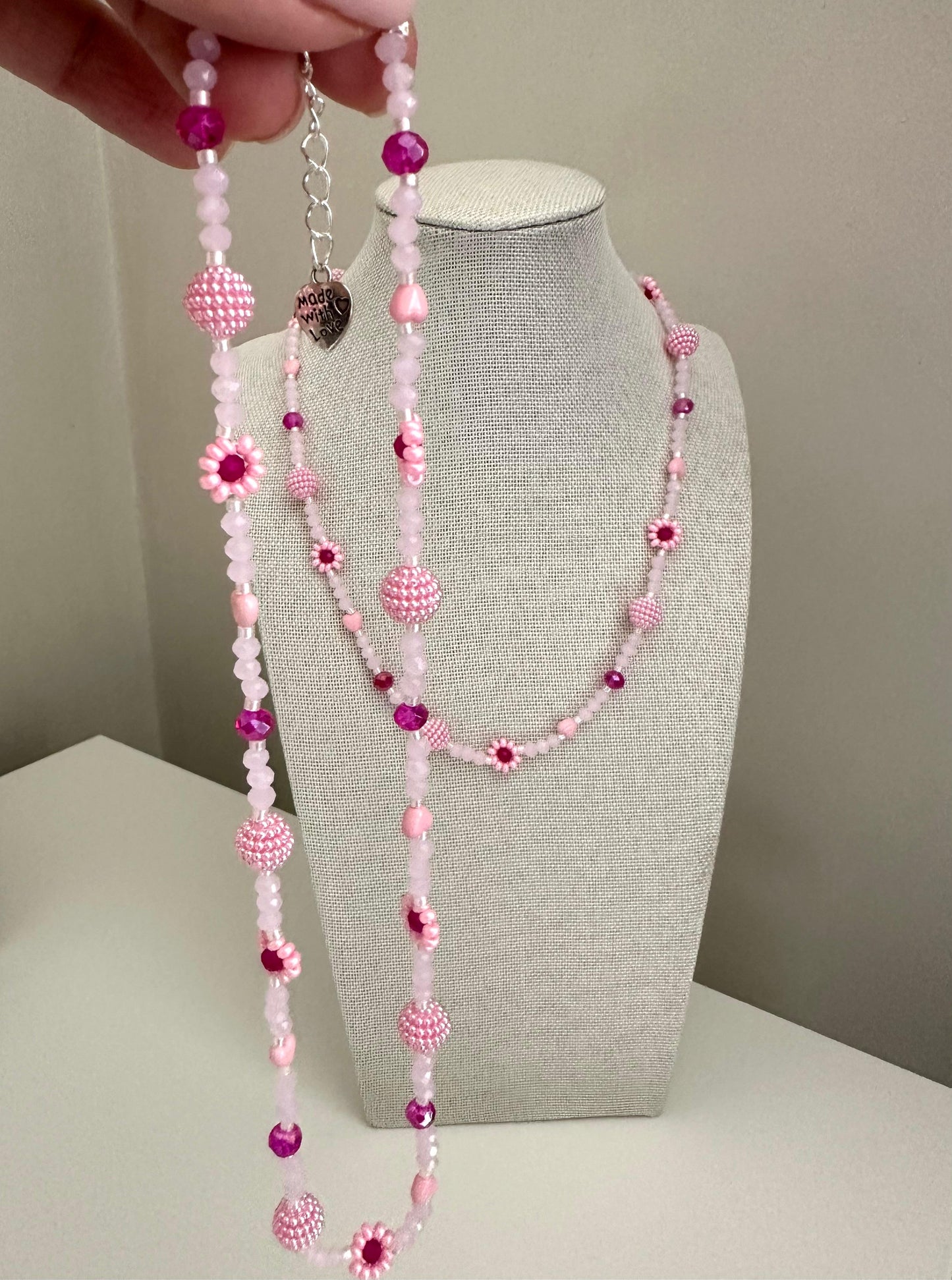 BLUSH TONE Handmade Necklace with pink glass beads, faux pearls, and floral details on stainless steel chain
