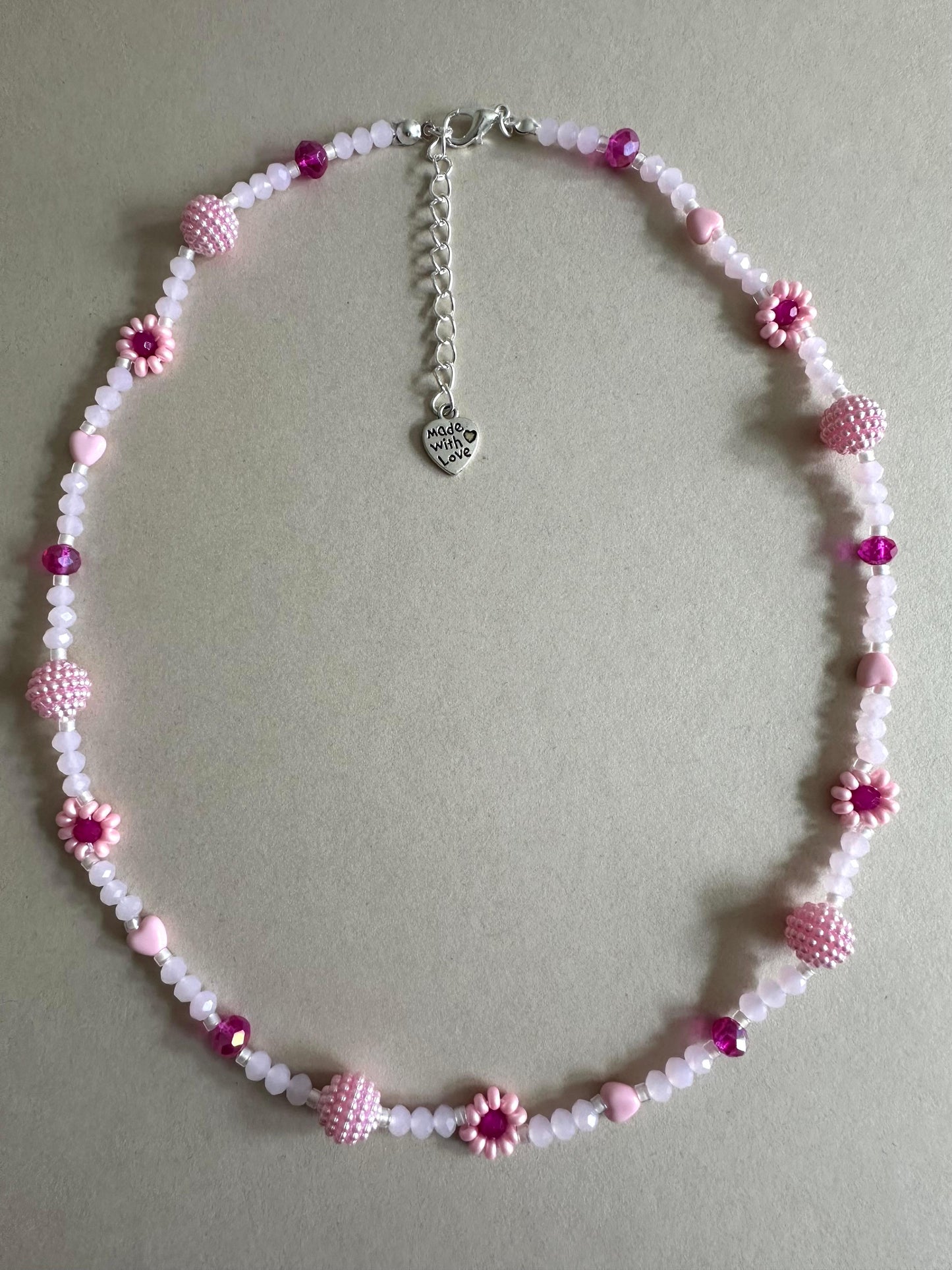 BLUSH TONE Handmade Necklace with pink glass beads, faux pearls, and floral details on stainless steel chain