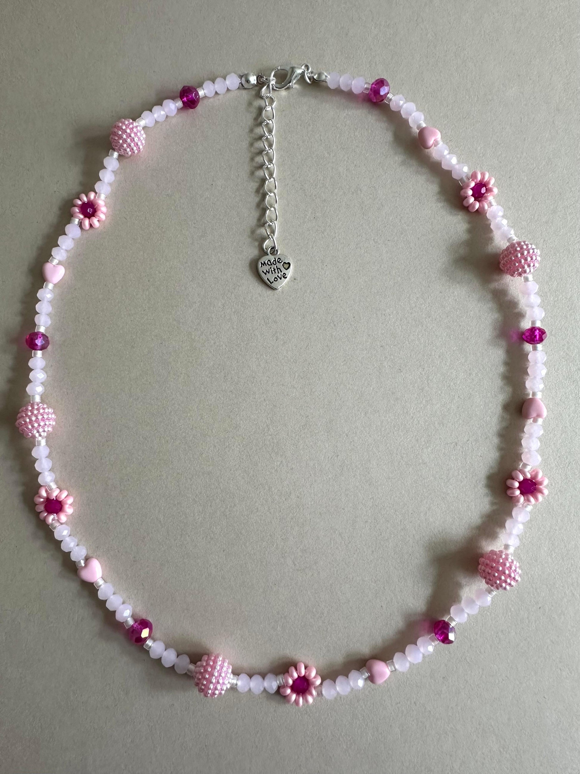 BLUSH TONE Handmade Necklace with pink glass beads, faux pearls, and floral details on stainless steel chain