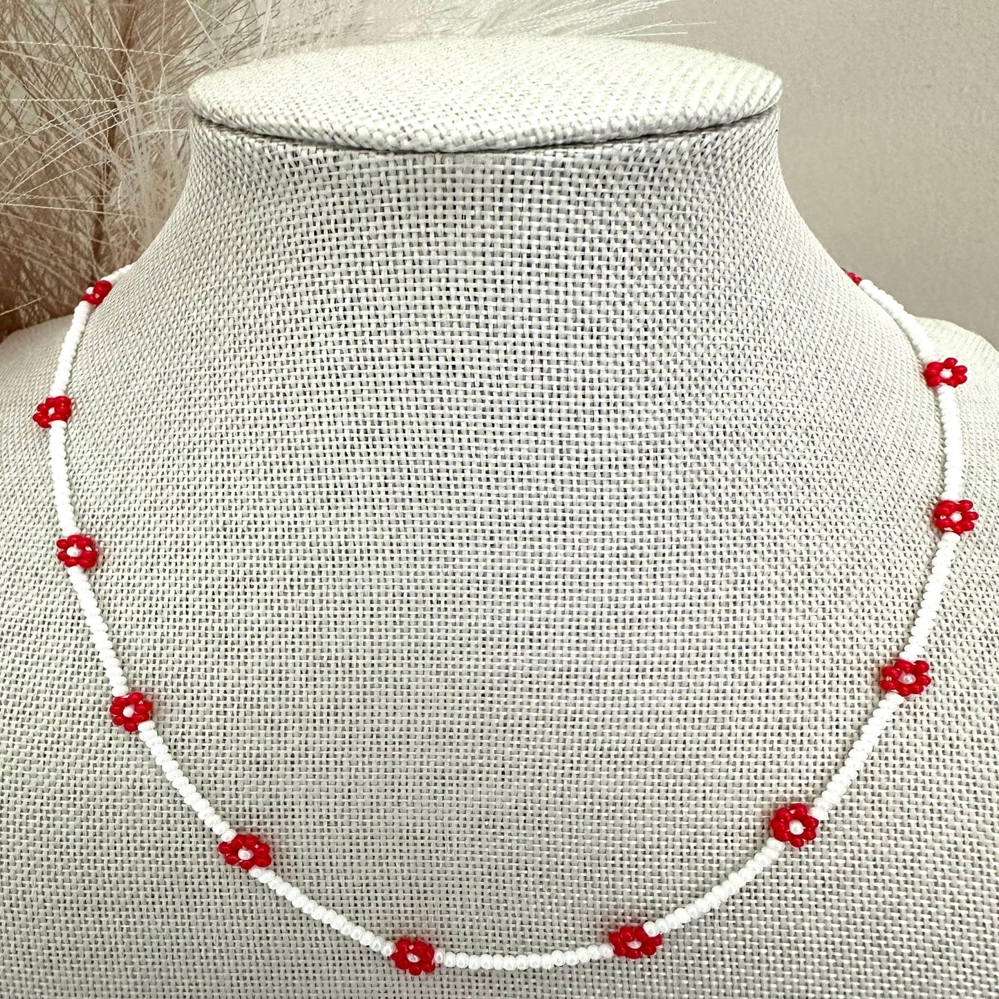 RED BLOOM DELIGHT Handmade Necklace with red and white glass bead flowers and stainless steel clasp