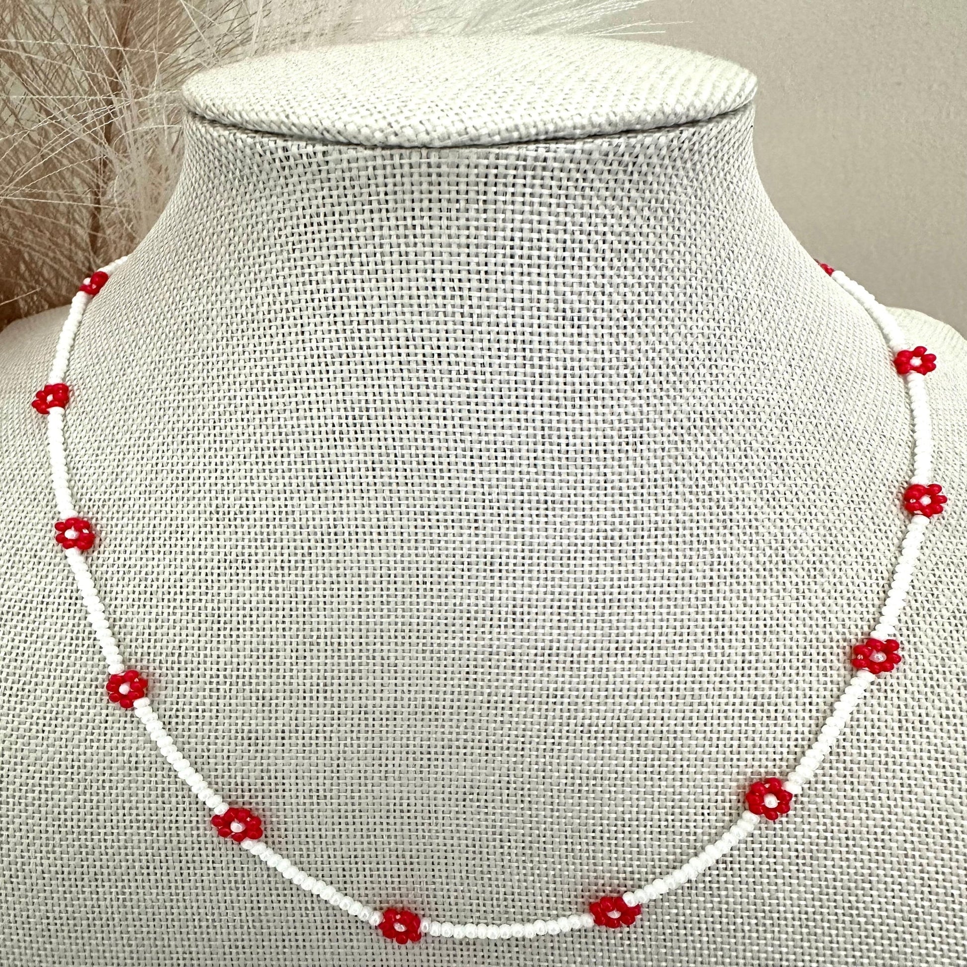 RED BLOOM DELIGHT Handmade Necklace with red and white glass bead flowers and stainless steel clasp