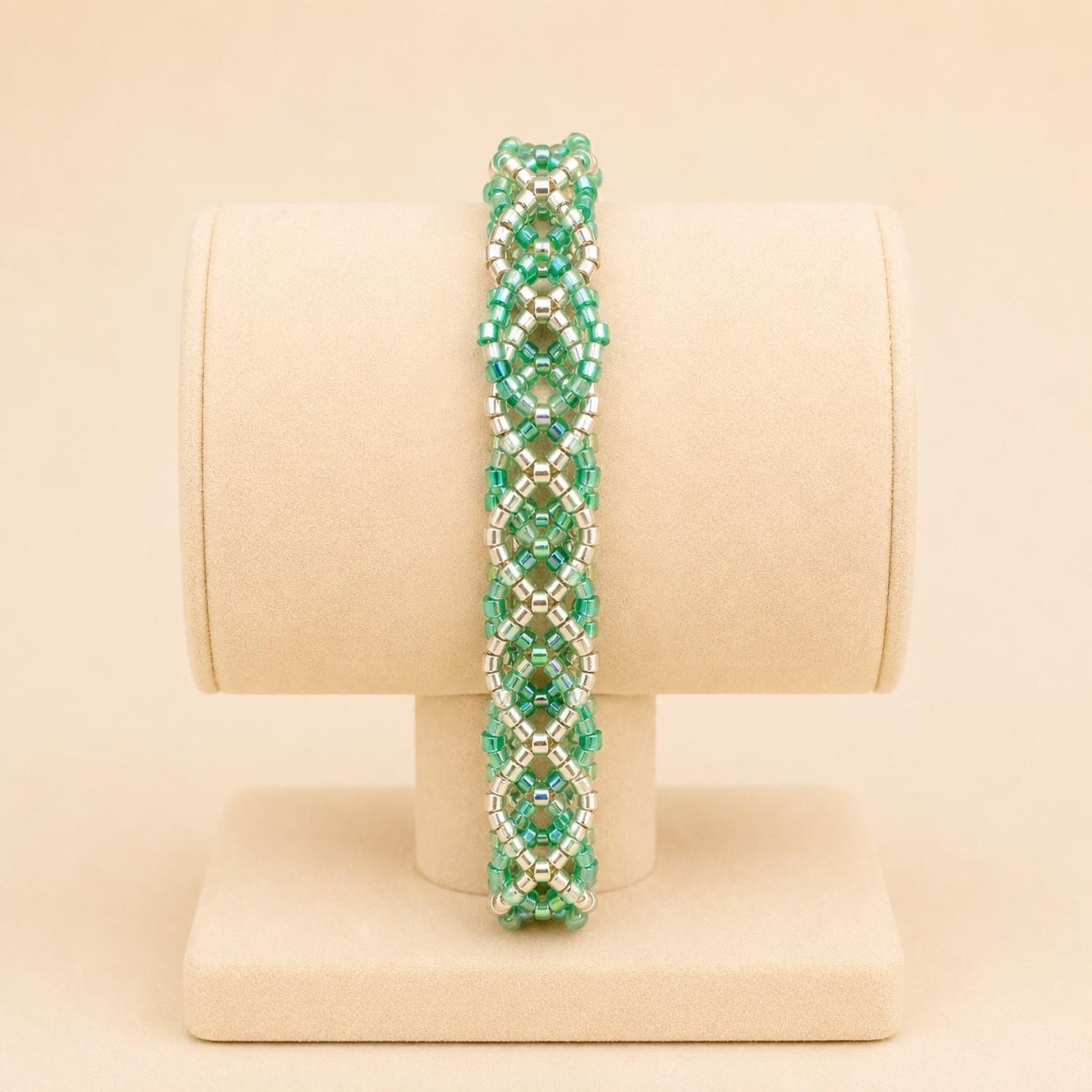 Handmade MINT BREEZE braided bracelet with green and silver Miyuki beads and stainless steel clasp